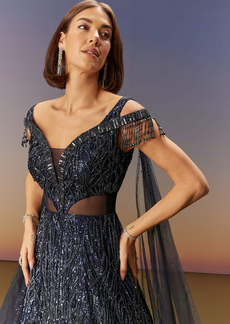 Blue Sequin Embroidered Gown With Tassel Detailing - Image 3