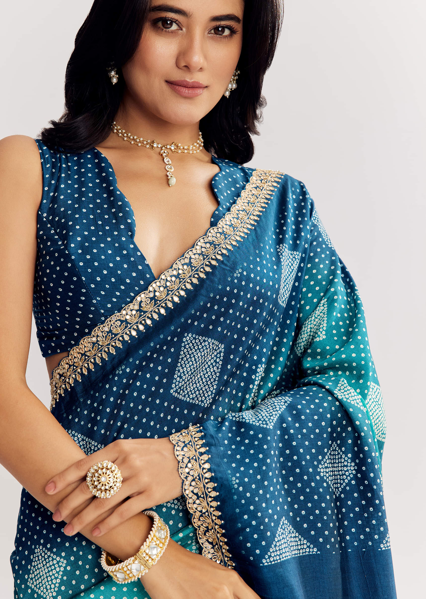 Blue Shaded Muslin Printed Saree With Embellishments - Image 2