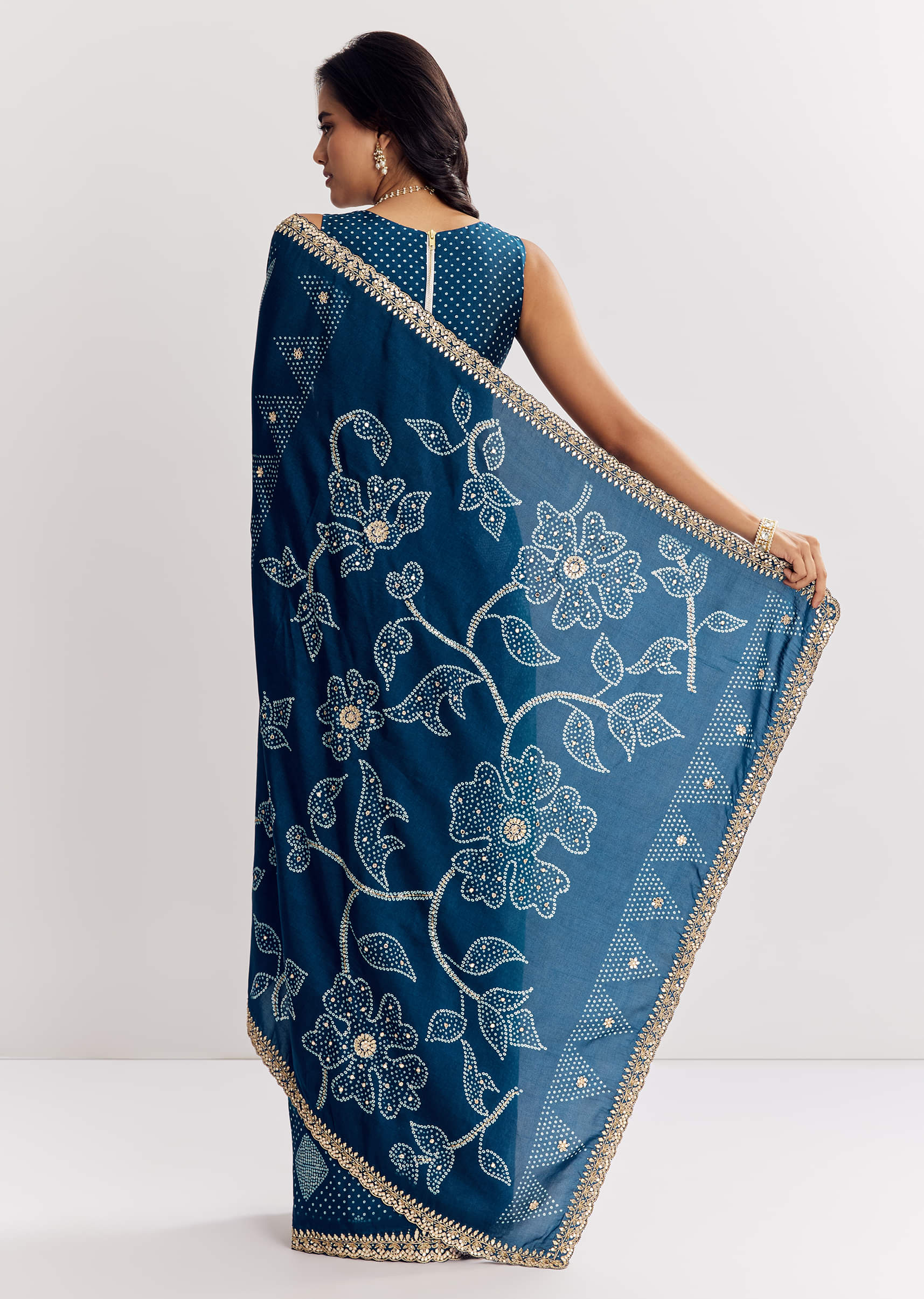 Blue Shaded Muslin Printed Saree With Embellishments - Image 6