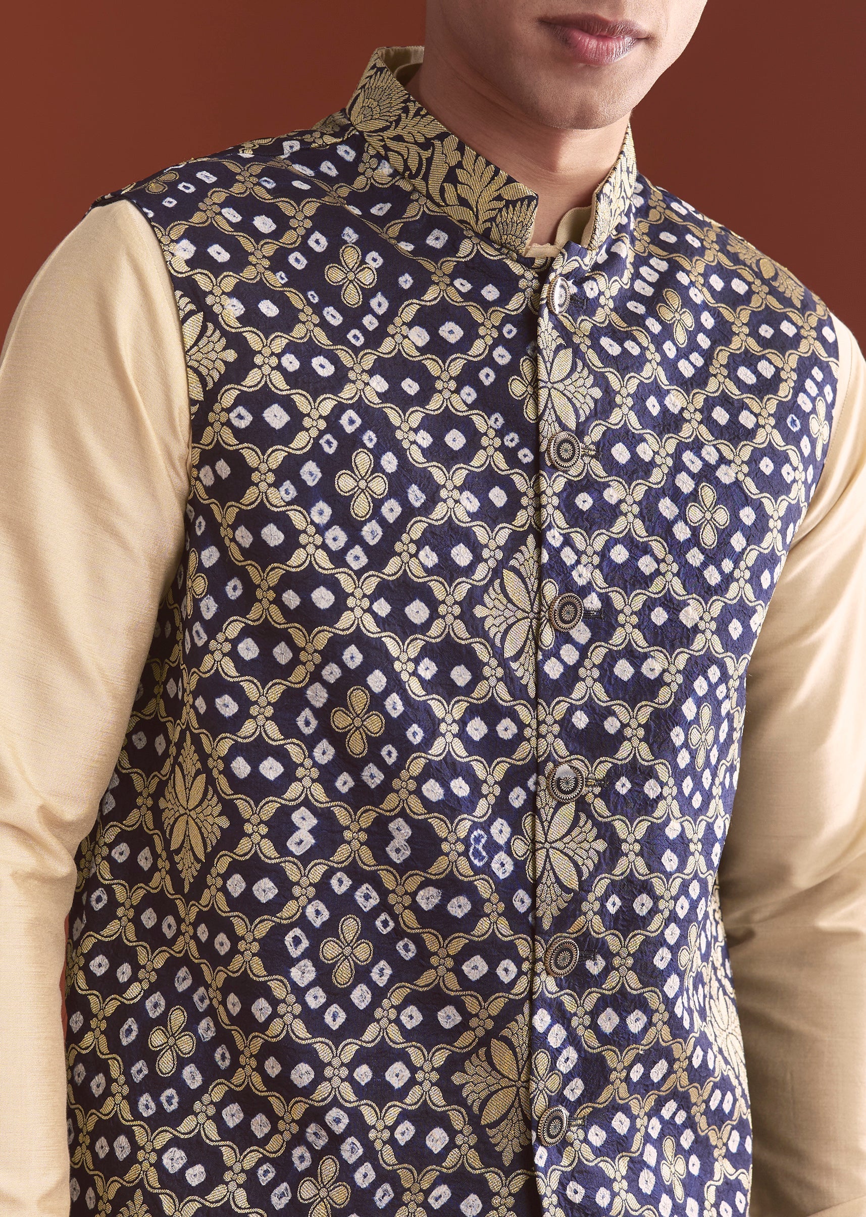 Blue Silk Bandhani Kurta Jacket Set For Men With Geometric Motifs - Image 2
