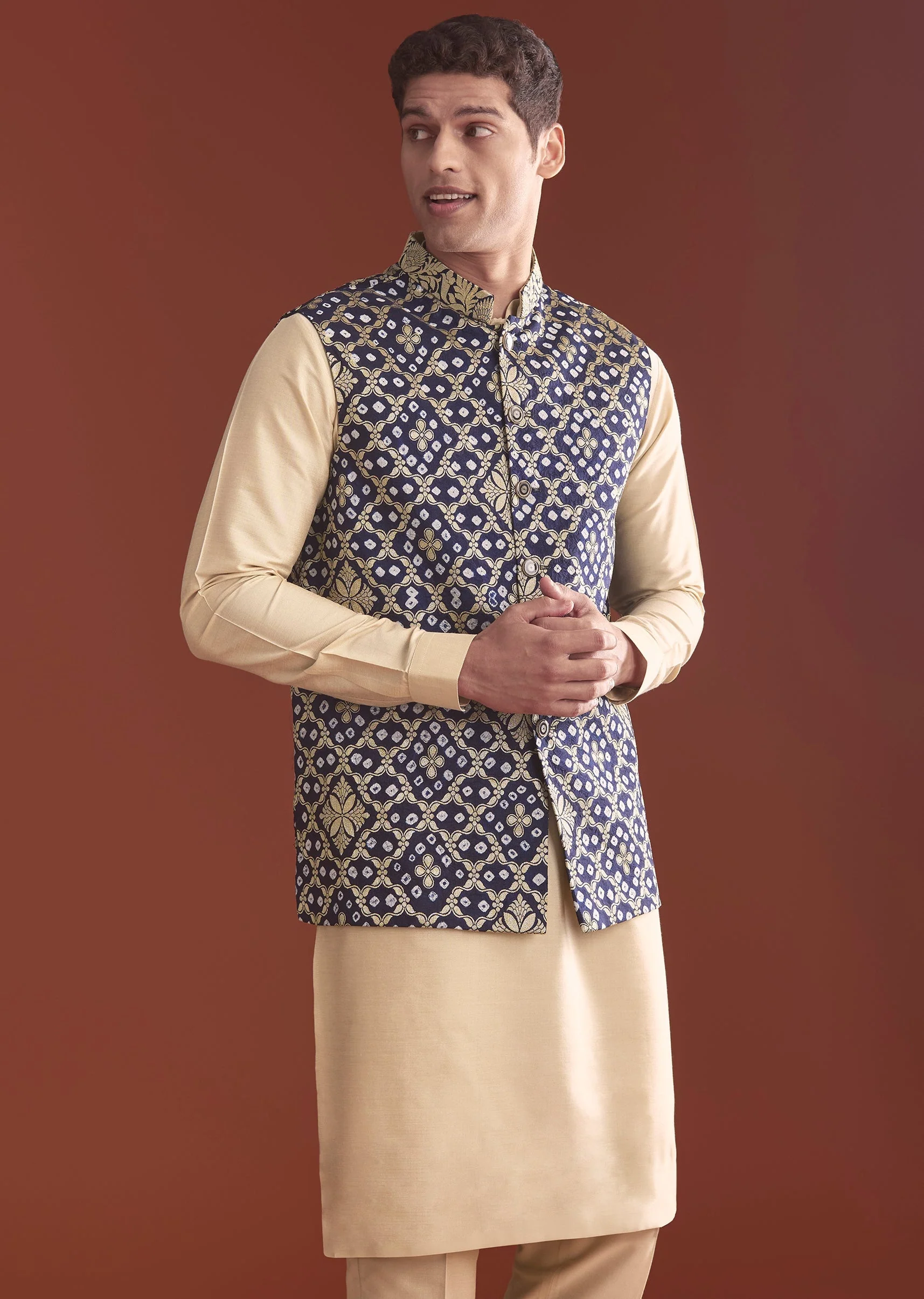 Blue Silk Bandhani Kurta Jacket Set For Men With Geometric Motifs - Image 4