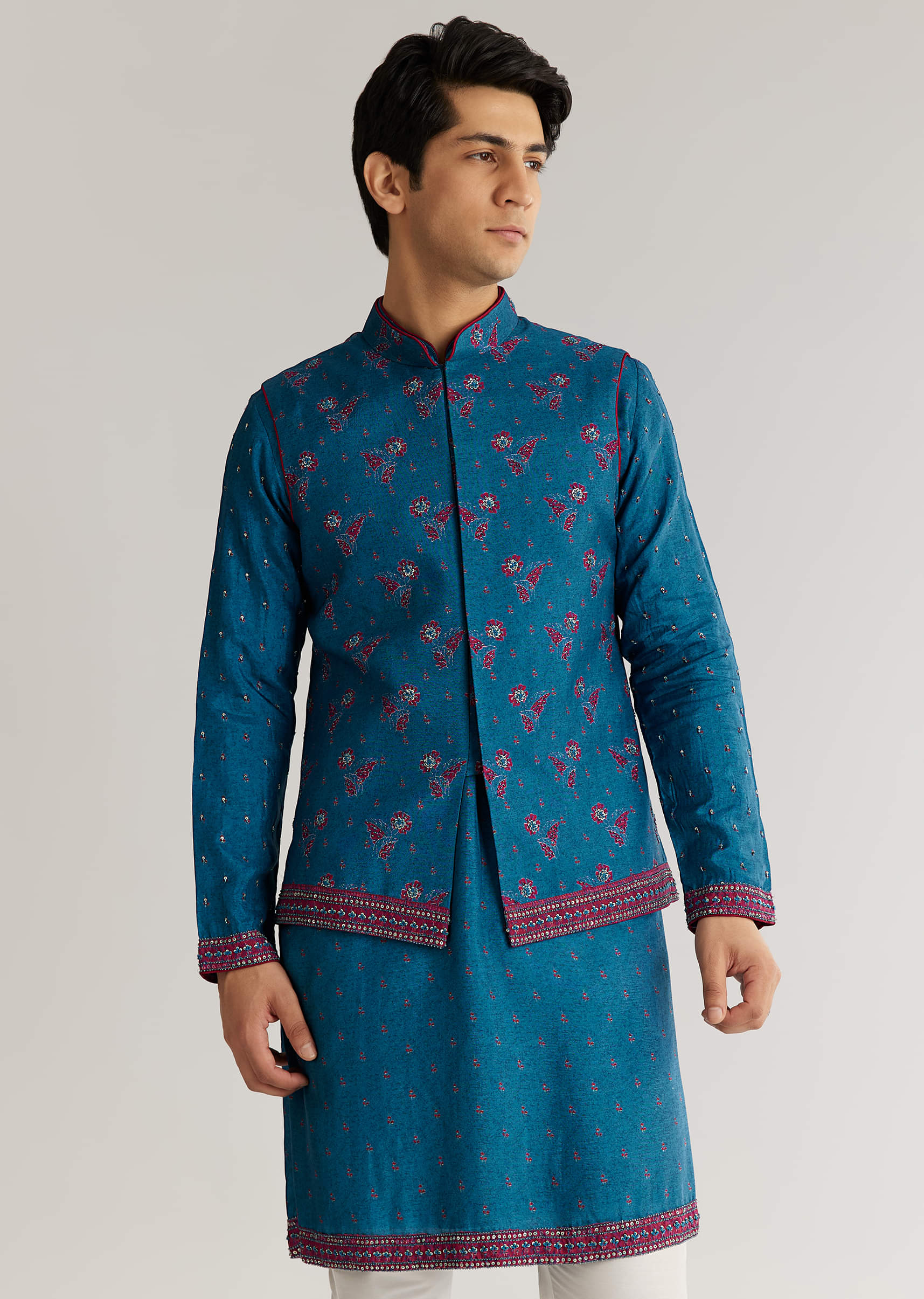 Blue Silk Cutdana Embroidered Kurta Jacket Set - Image 3