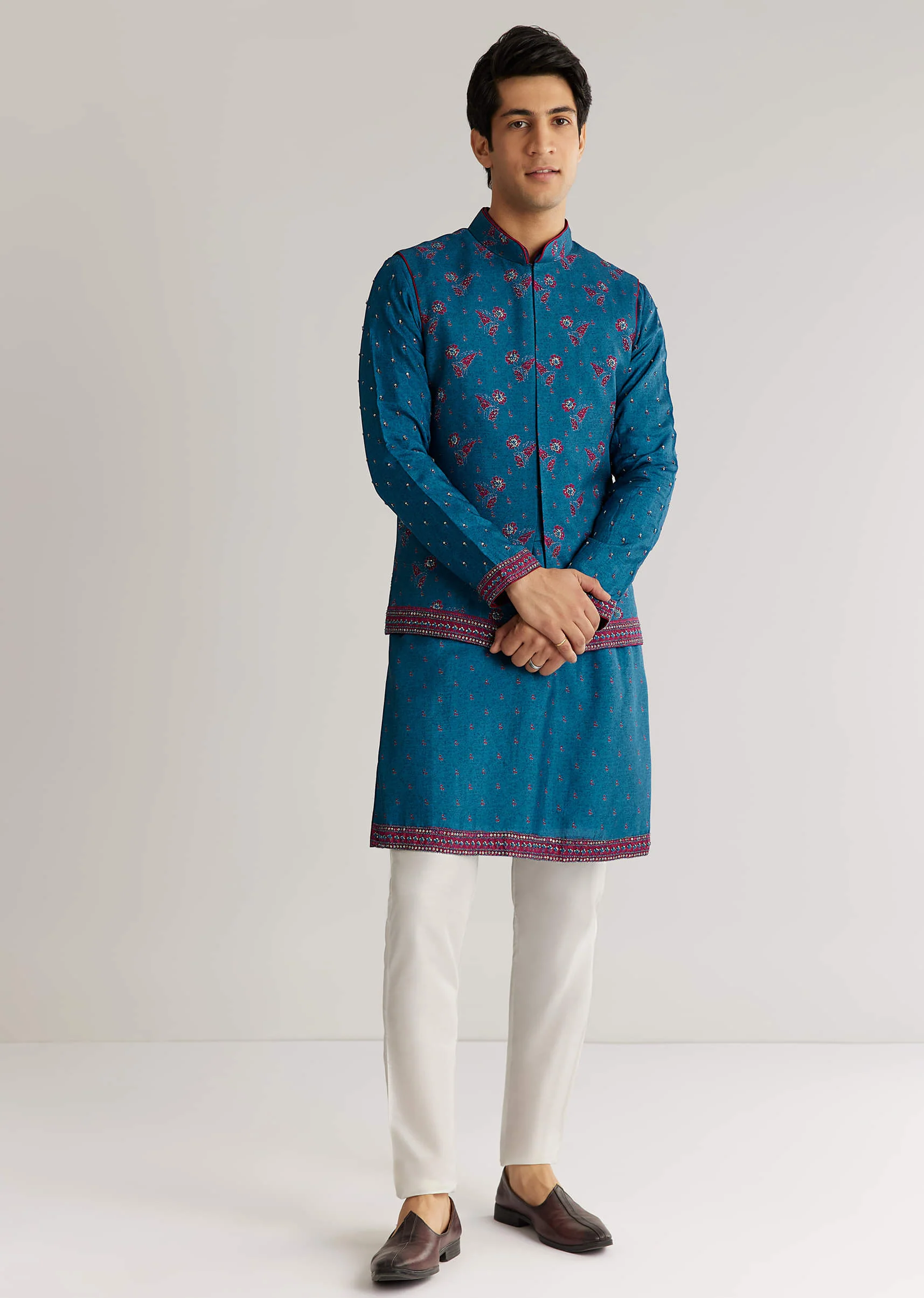 Blue Silk Cutdana Embroidered Kurta Jacket Set - Image 4