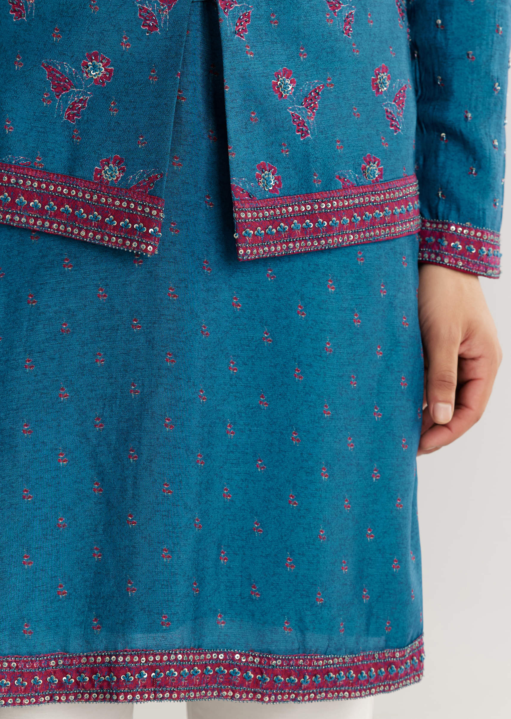 Blue Silk Cutdana Embroidered Kurta Jacket Set - Image 6