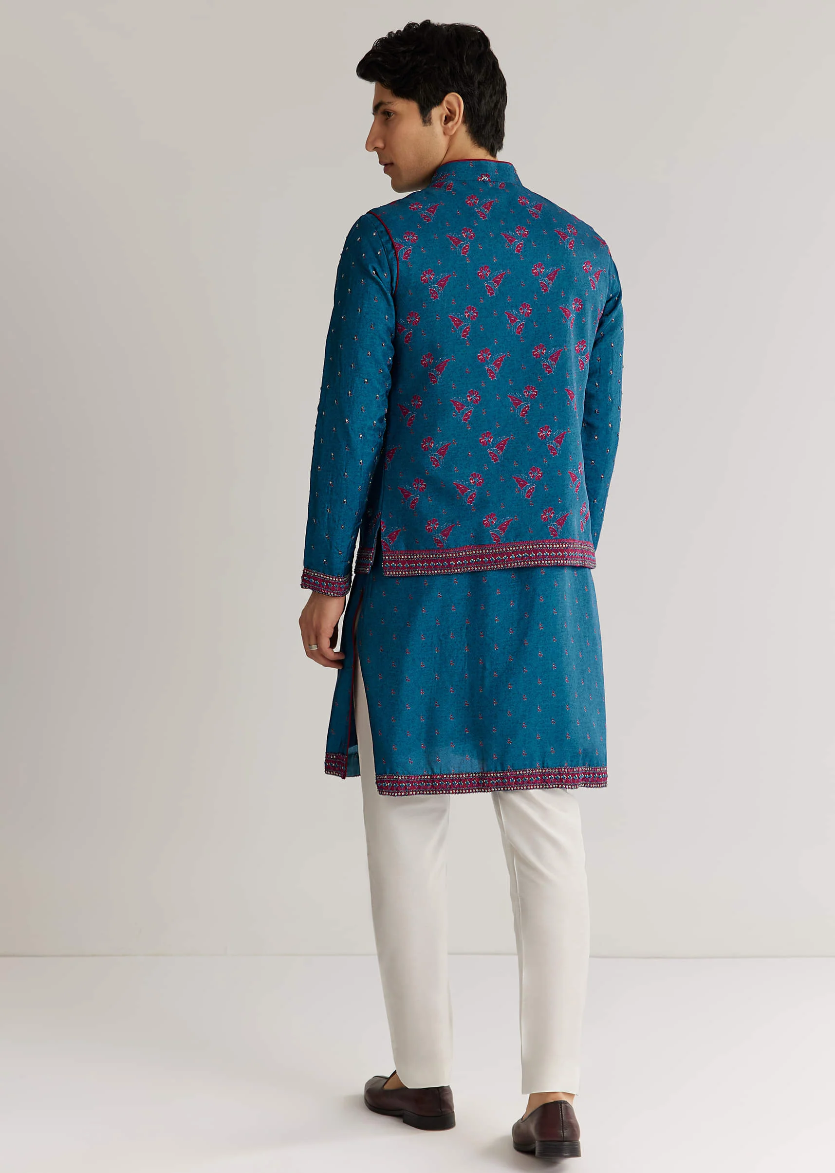 Blue Silk Cutdana Embroidered Kurta Jacket Set - Image 7