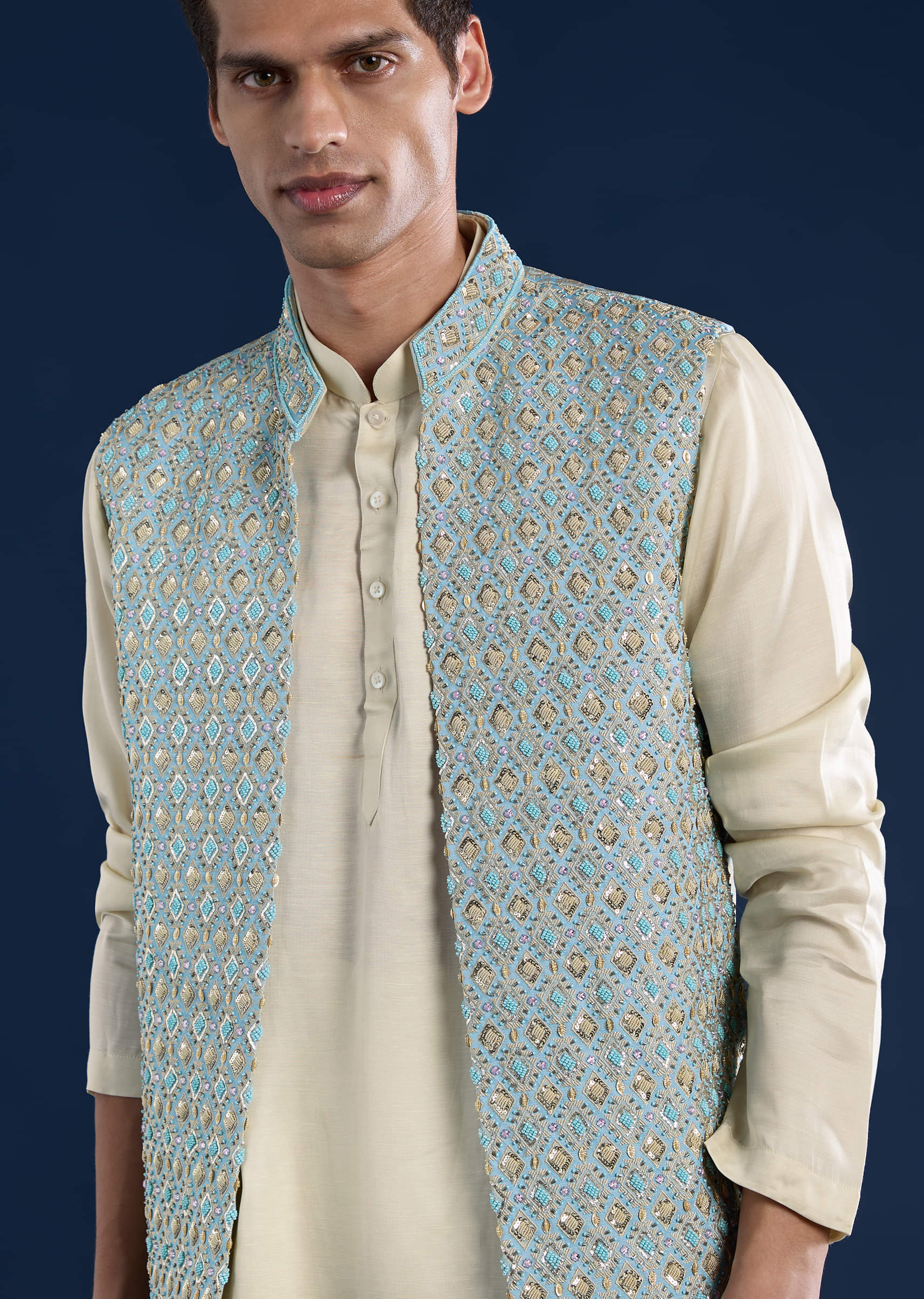 Blue Silk Cutwork Jacket Kurta Set - Image 2