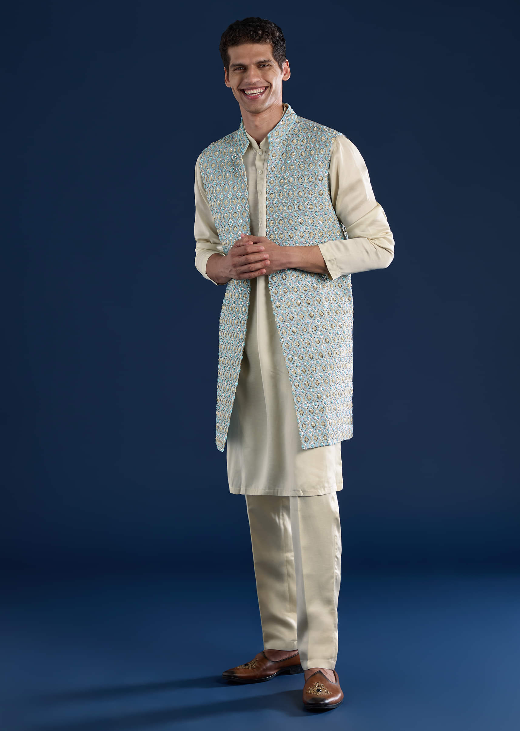 Blue Silk Cutwork Jacket Kurta Set - Image 3