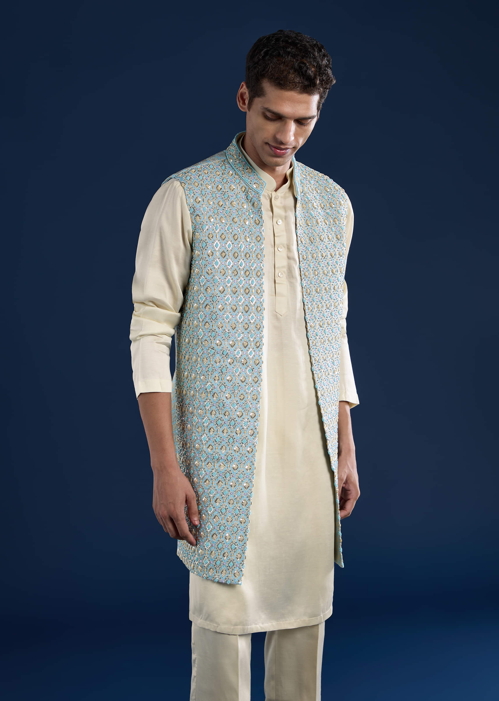 Blue Silk Cutwork Jacket Kurta Set - Image 4