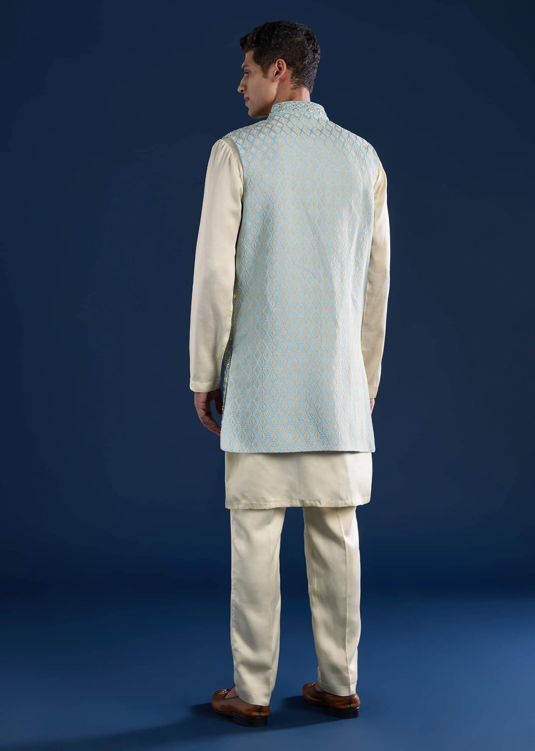 Blue Silk Cutwork Jacket Kurta Set - Image 5
