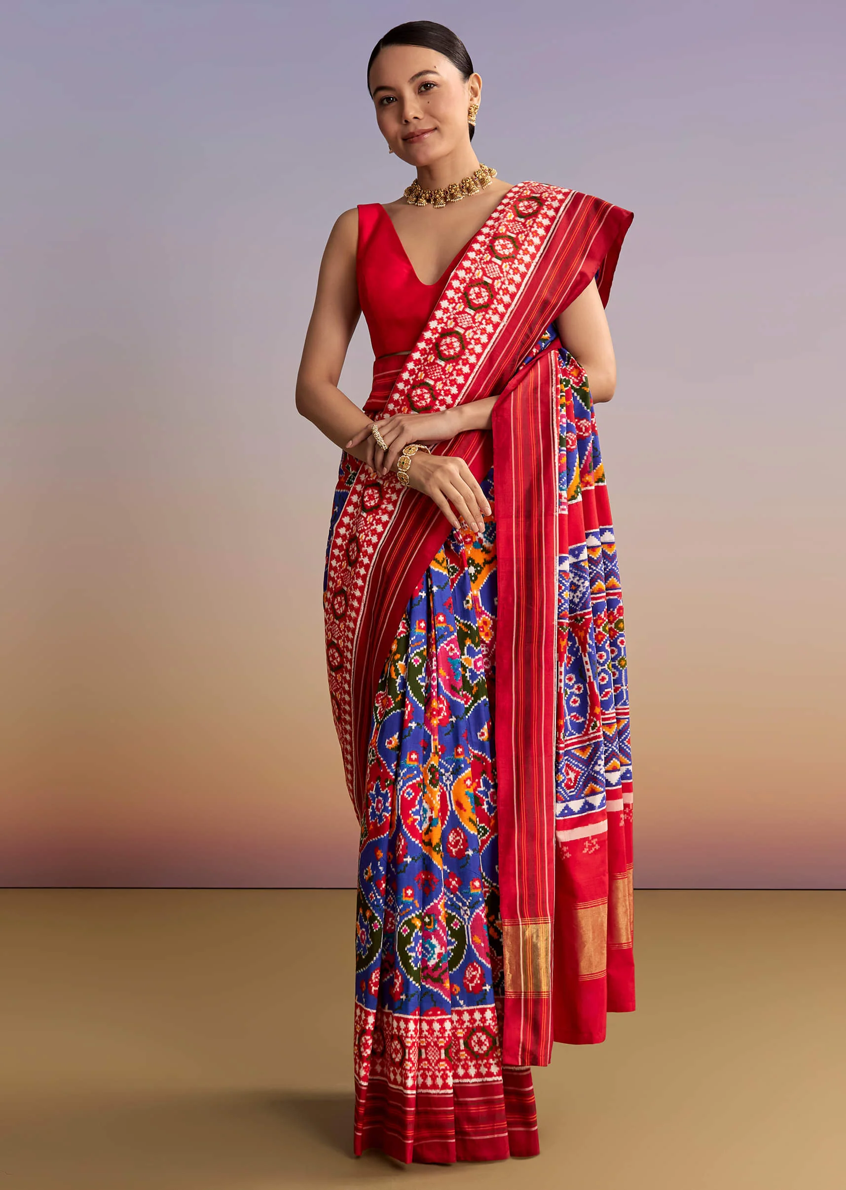 Blue Silk Double Ikkat Handwoven Patola Saree With Floral Motifs - Image 3