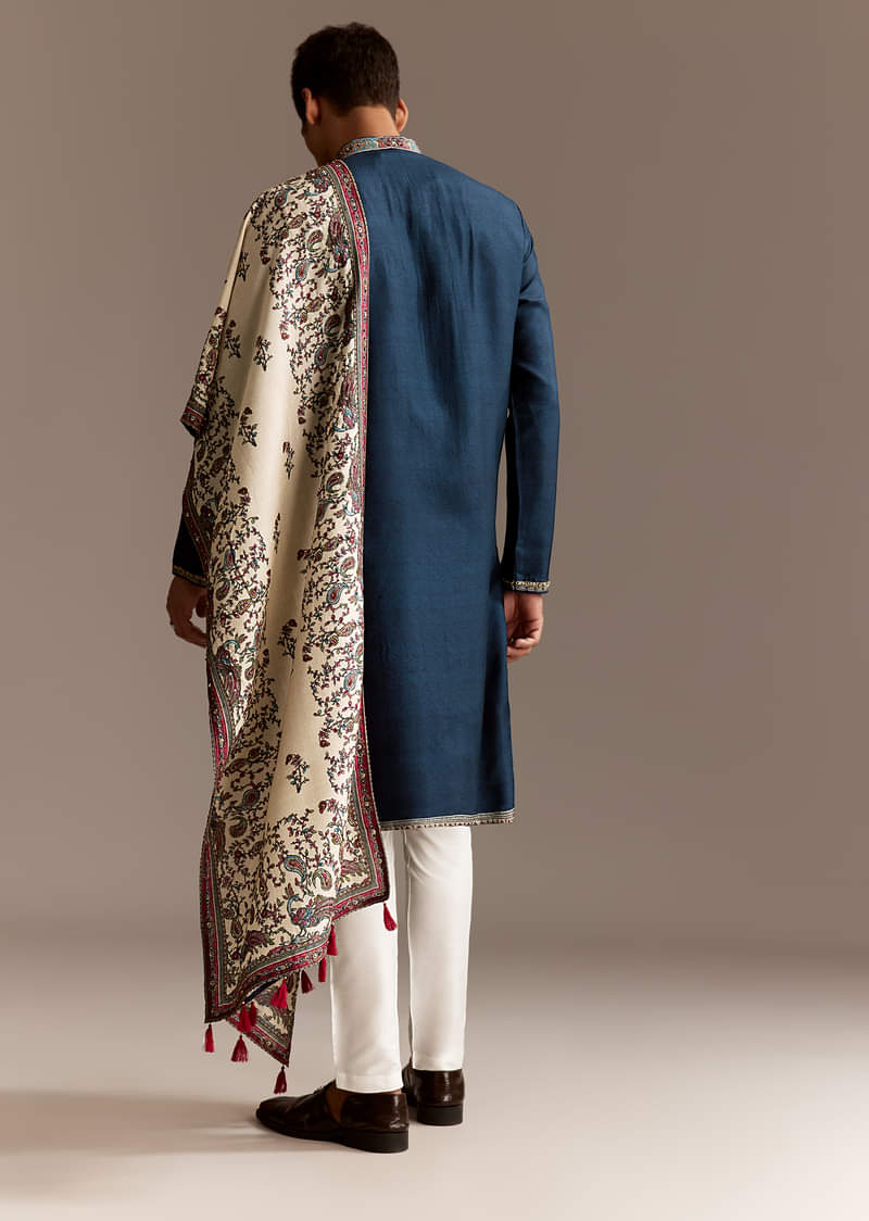 Blue Silk Embellished Kurta Set With Dupatta - Image 5