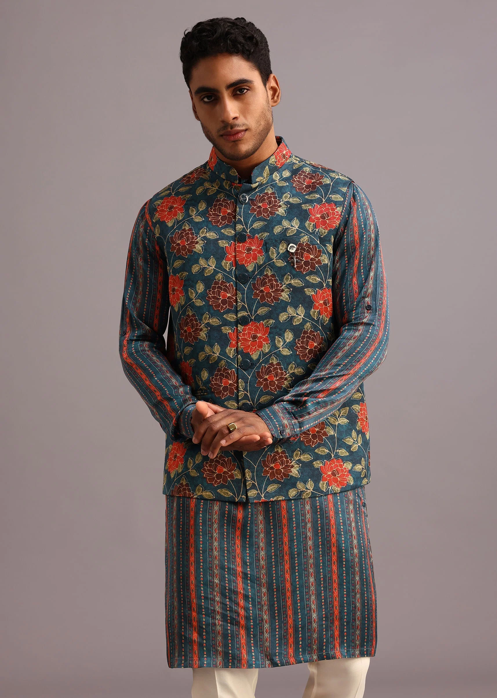 Blue Silk Floral And Stripe Print Jacket Kurta Set