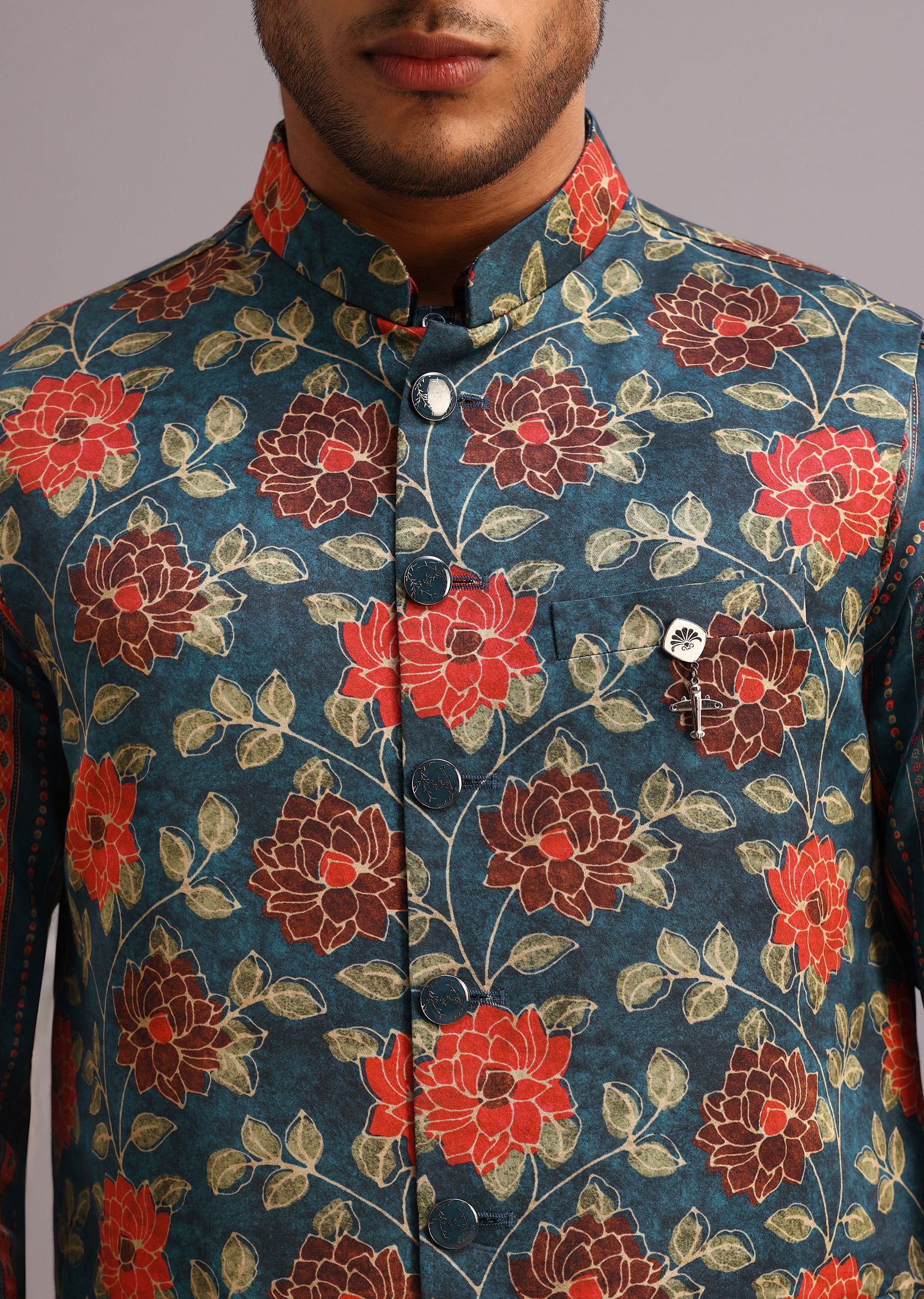 Blue Silk Floral And Stripe Print Jacket Kurta Set - Image 3