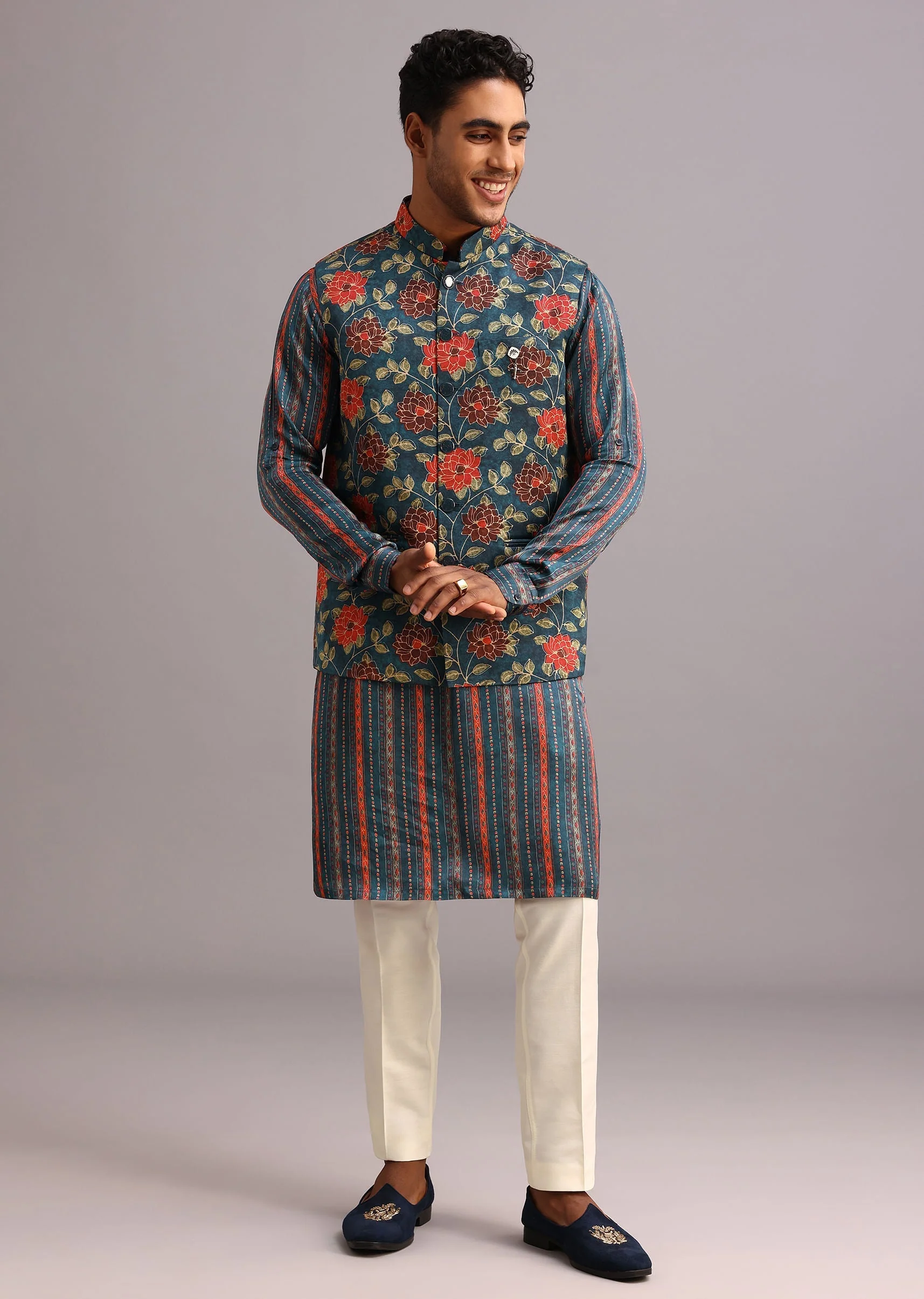 Blue Silk Floral And Stripe Print Jacket Kurta Set - Image 4