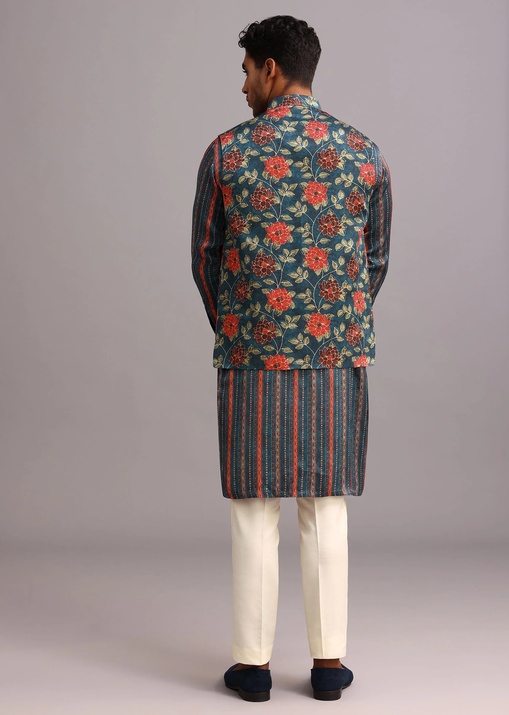 Blue Silk Floral And Stripe Print Jacket Kurta Set - Image 5