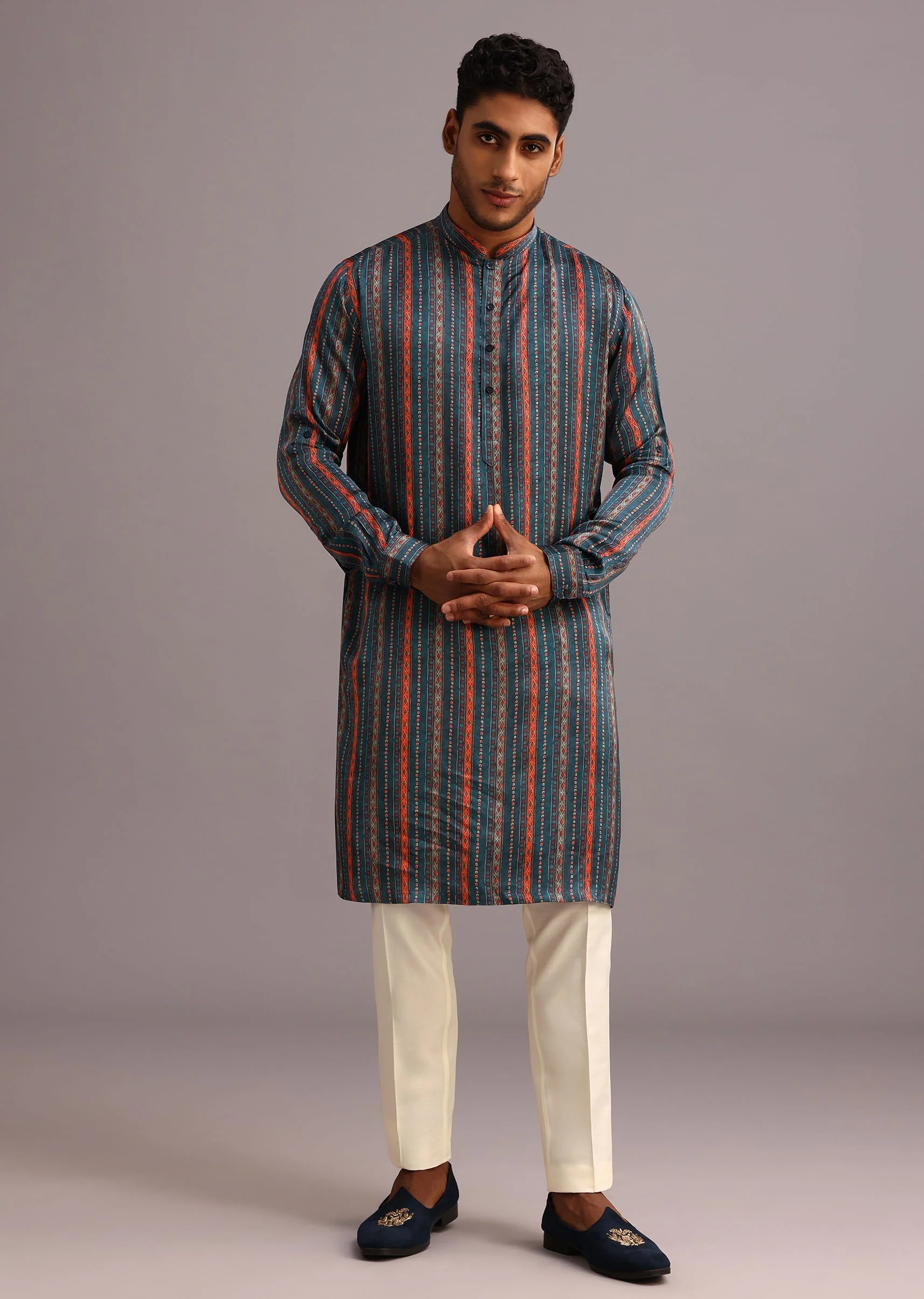 Blue Silk Floral And Stripe Print Jacket Kurta Set - Image 6