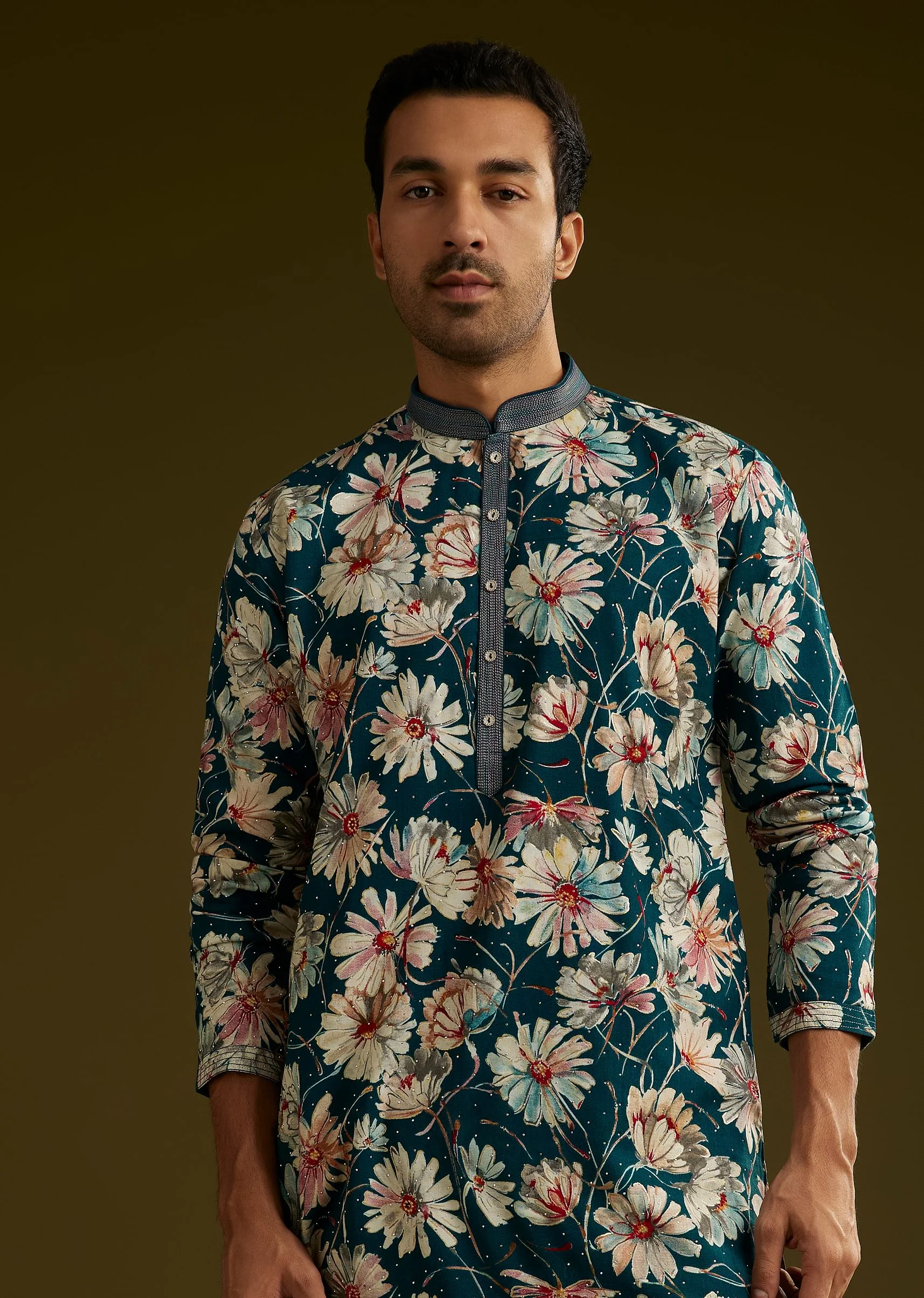 Teal Green Silk Floral Kurta Set With Stone Work - Image 2