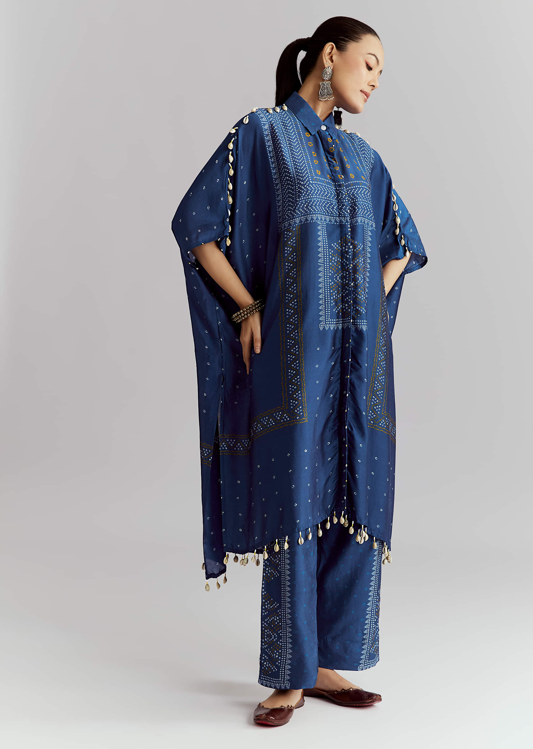 Blue Silk Kaftaan Kurta Set With Bandhani Print - Image 3