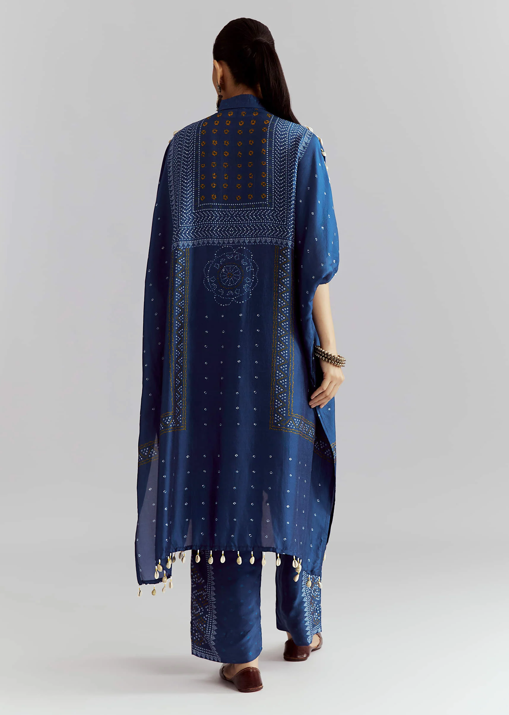 Blue Silk Kaftaan Kurta Set With Bandhani Print - Image 5