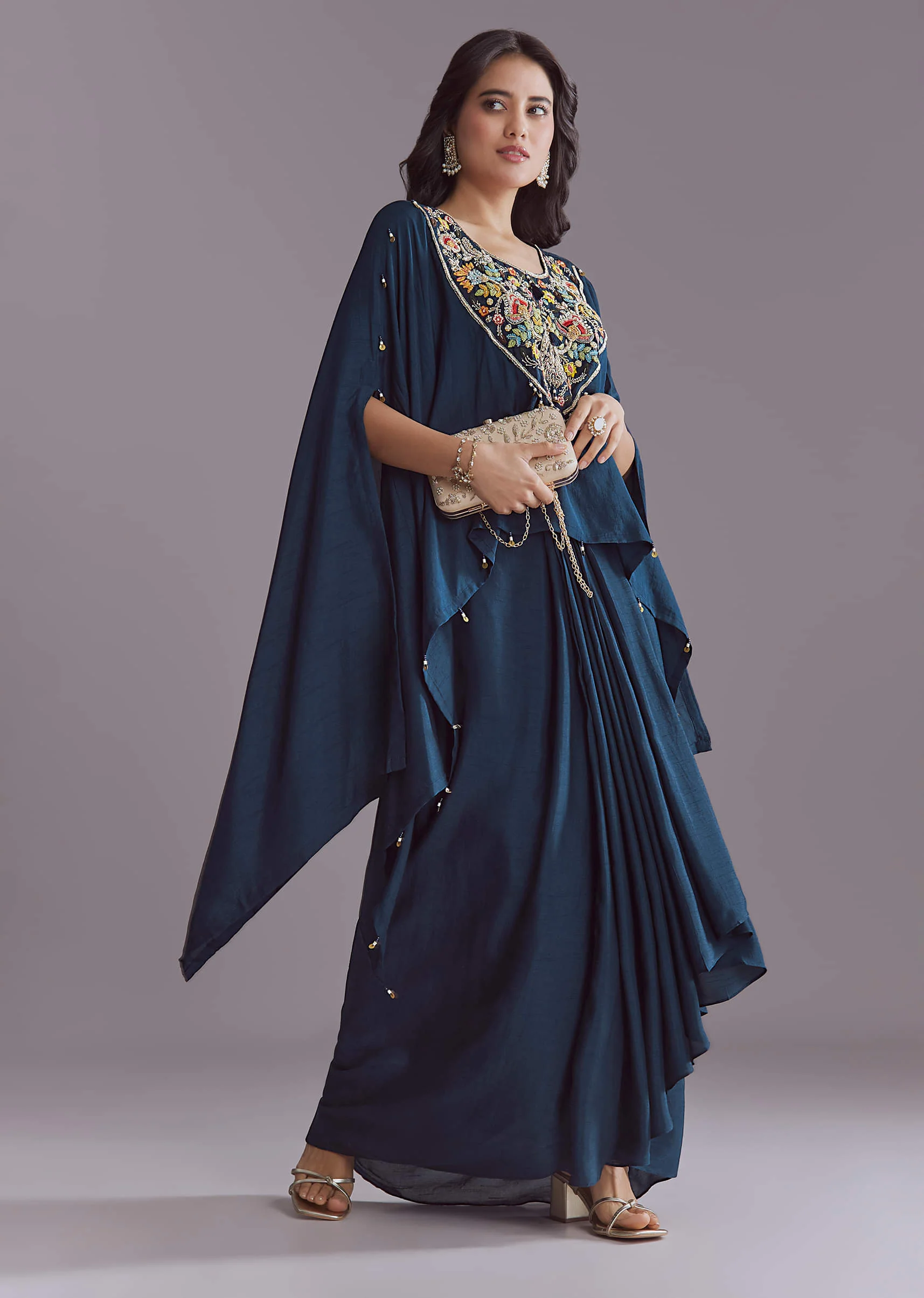 Blue Silk Kaftan Top And Drape Skirt Set With Embroidery - Image 3