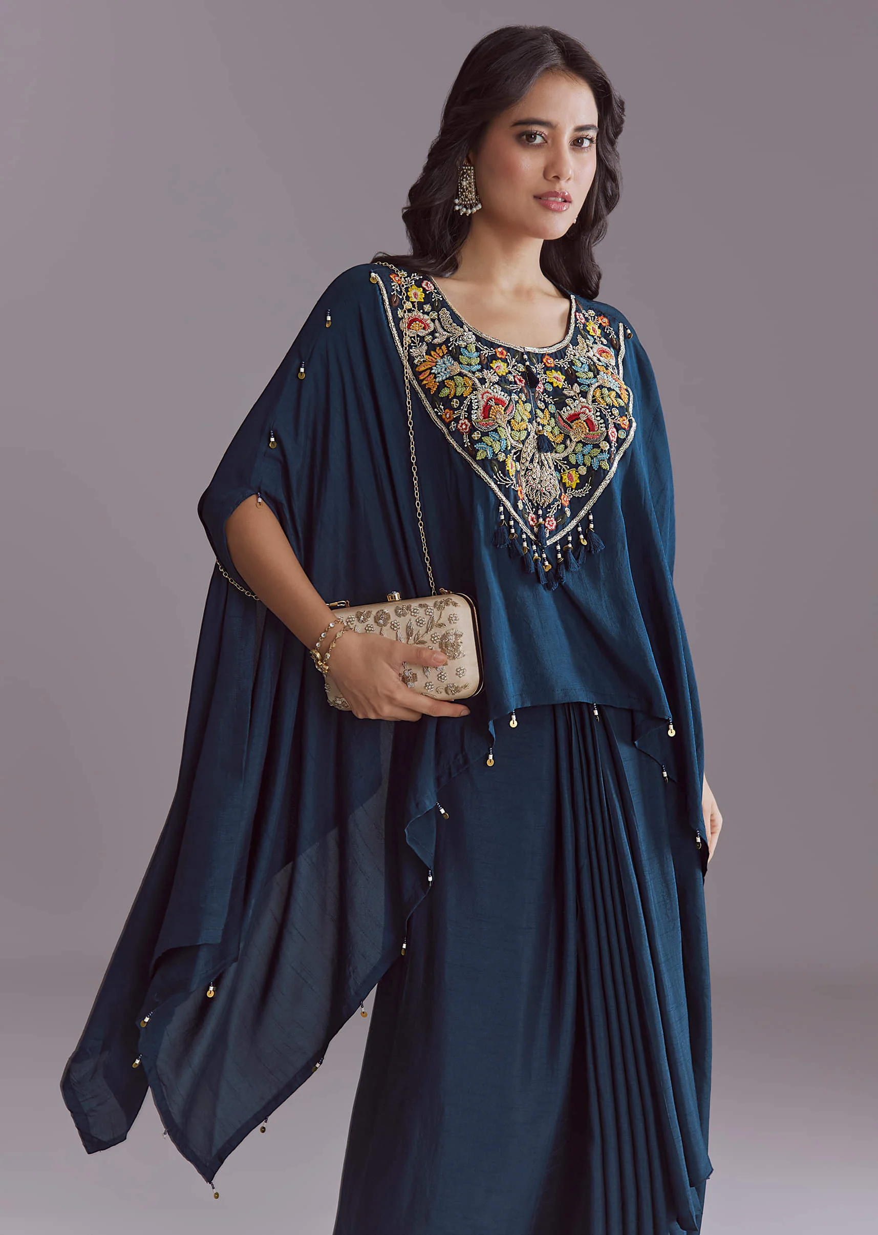 Blue Silk Kaftan Top And Drape Skirt Set With Embroidery - Image 4
