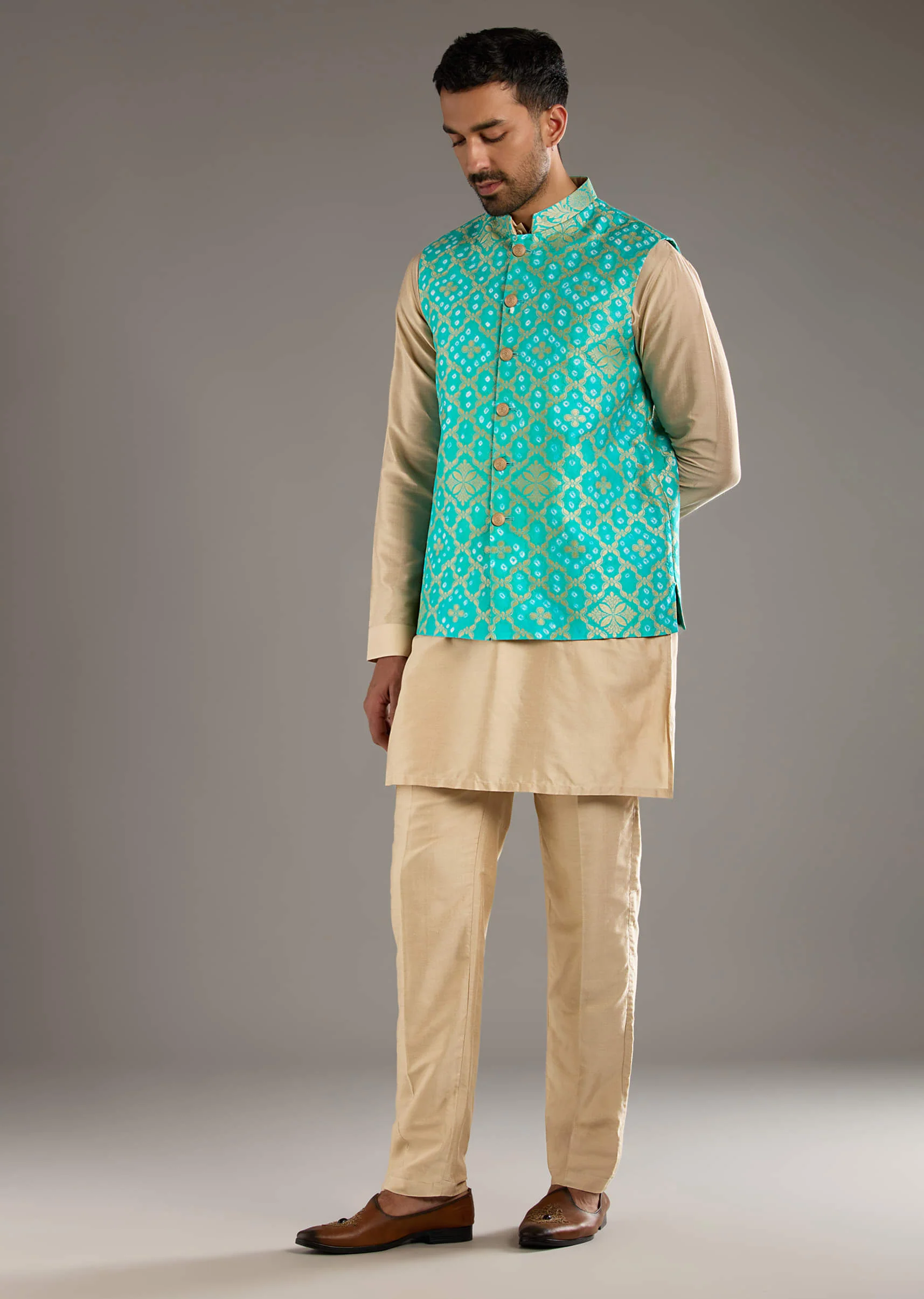 Blue Silk Kurta Jacket Set For Men With Hand Dyed Bandhani Print - Image 3