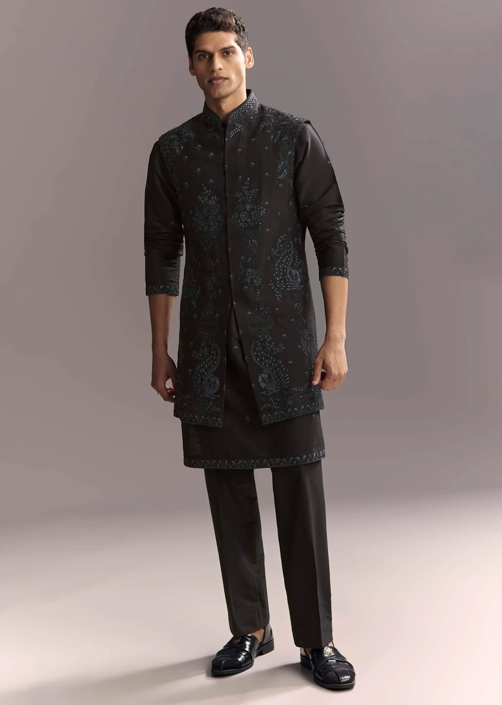 Blue Silk Kurta Jacket Set For Men With Resham Work