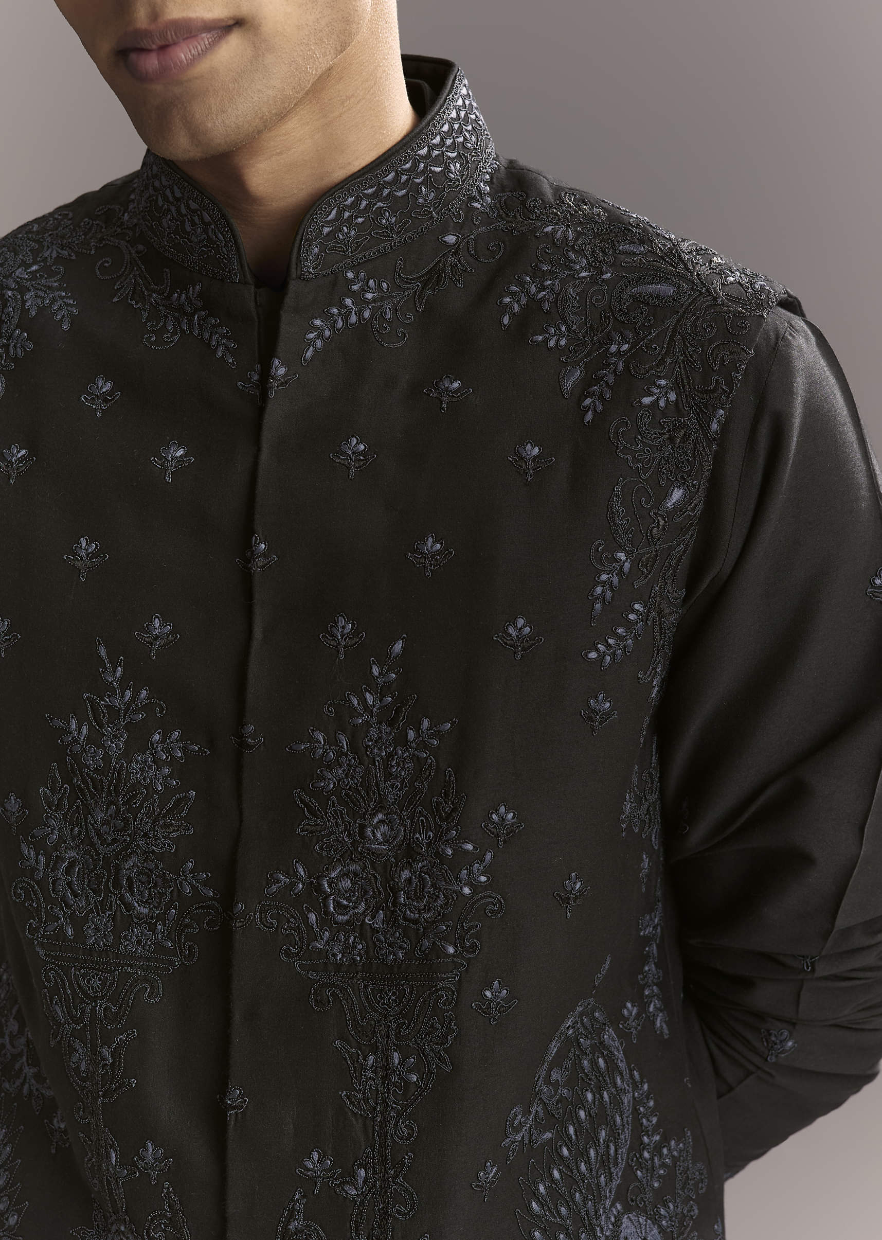 Blue Silk Kurta Jacket Set For Men With Resham Work - Image 2