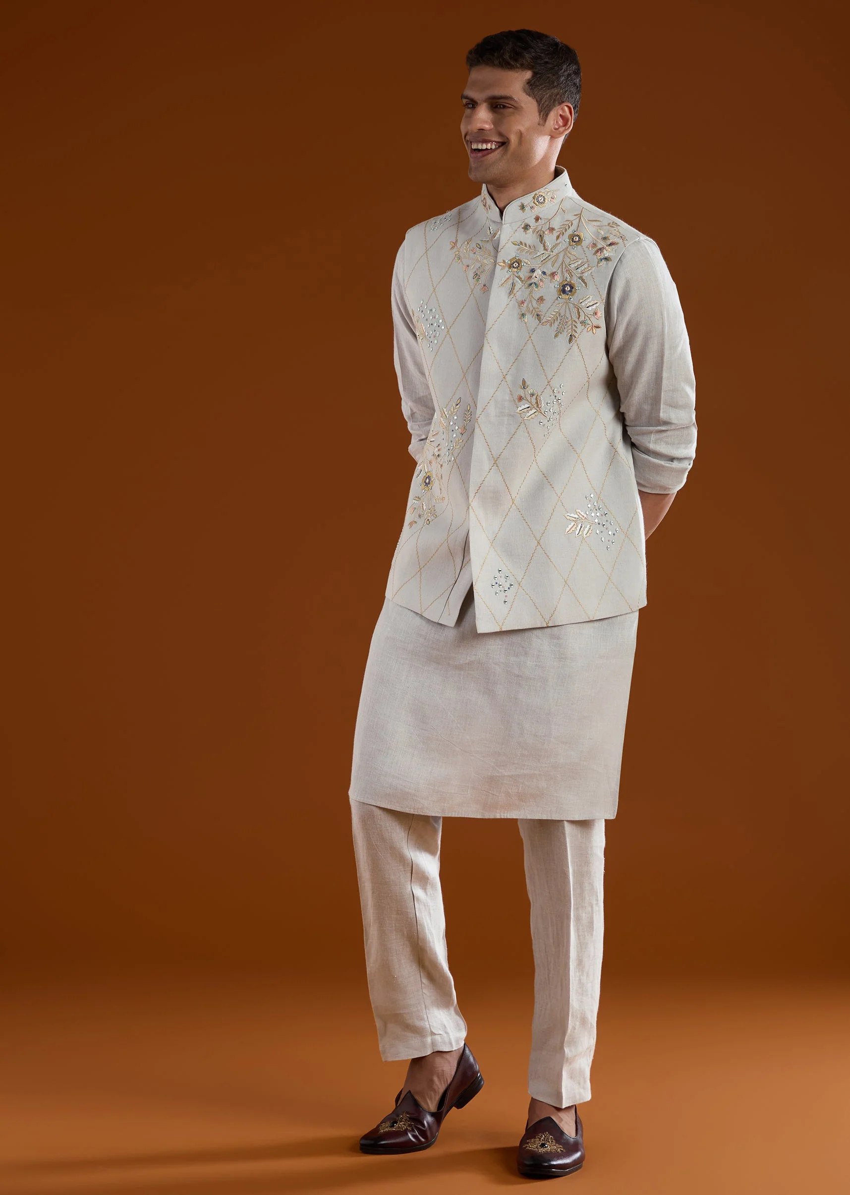 Blue Silk Kurta Jacket Set With Thread And Mirror Work