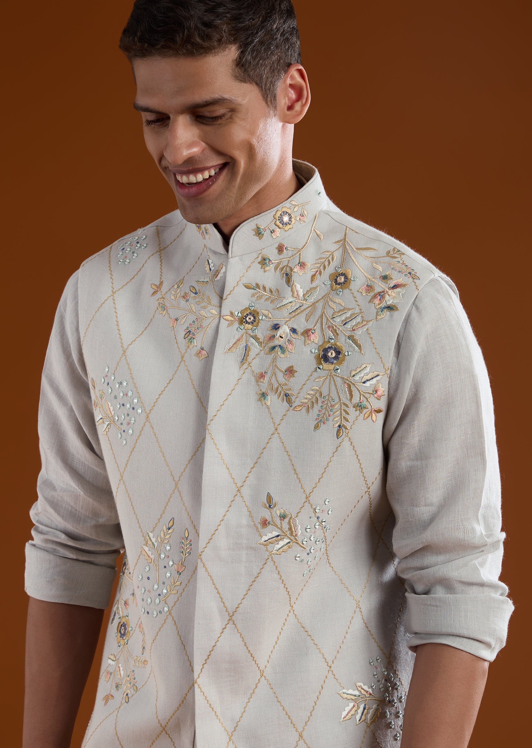 Blue Silk Kurta Jacket Set With Thread And Mirror Work - Image 2