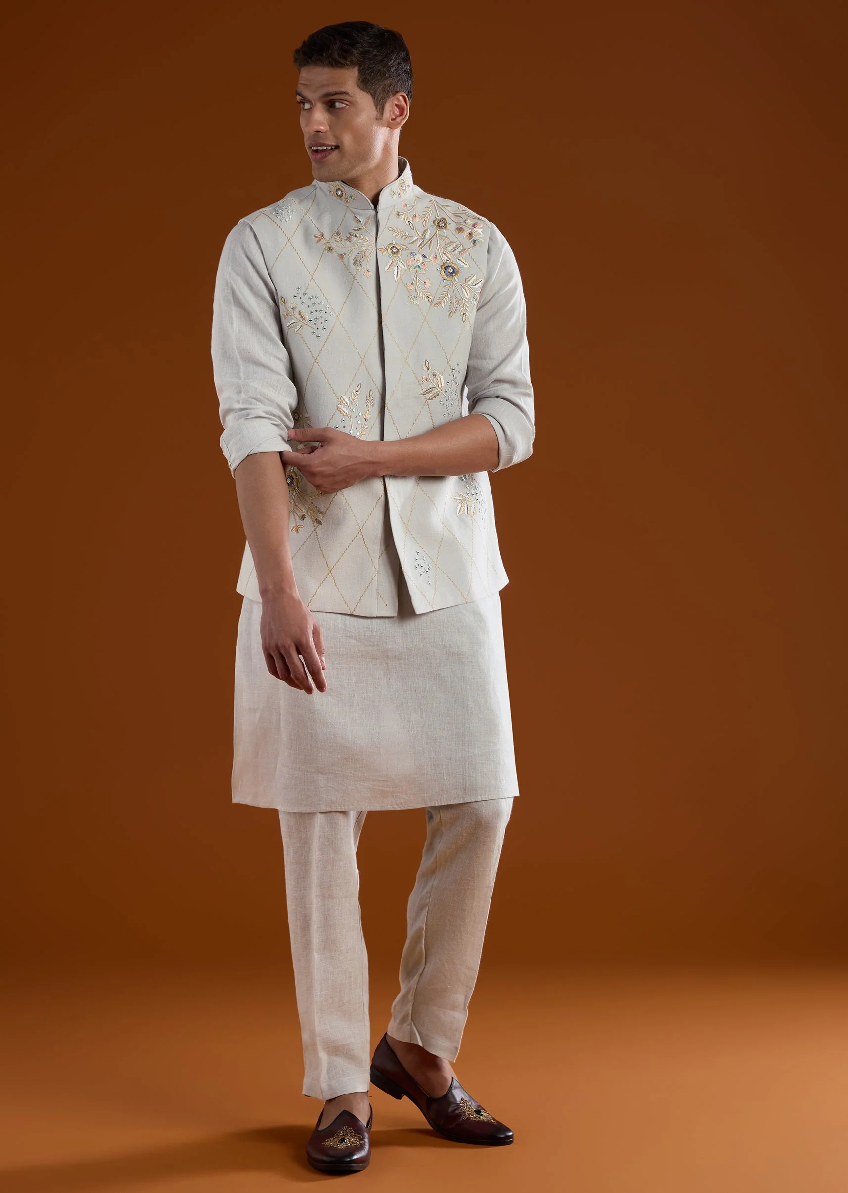 Blue Silk Kurta Jacket Set With Thread And Mirror Work - Image 3