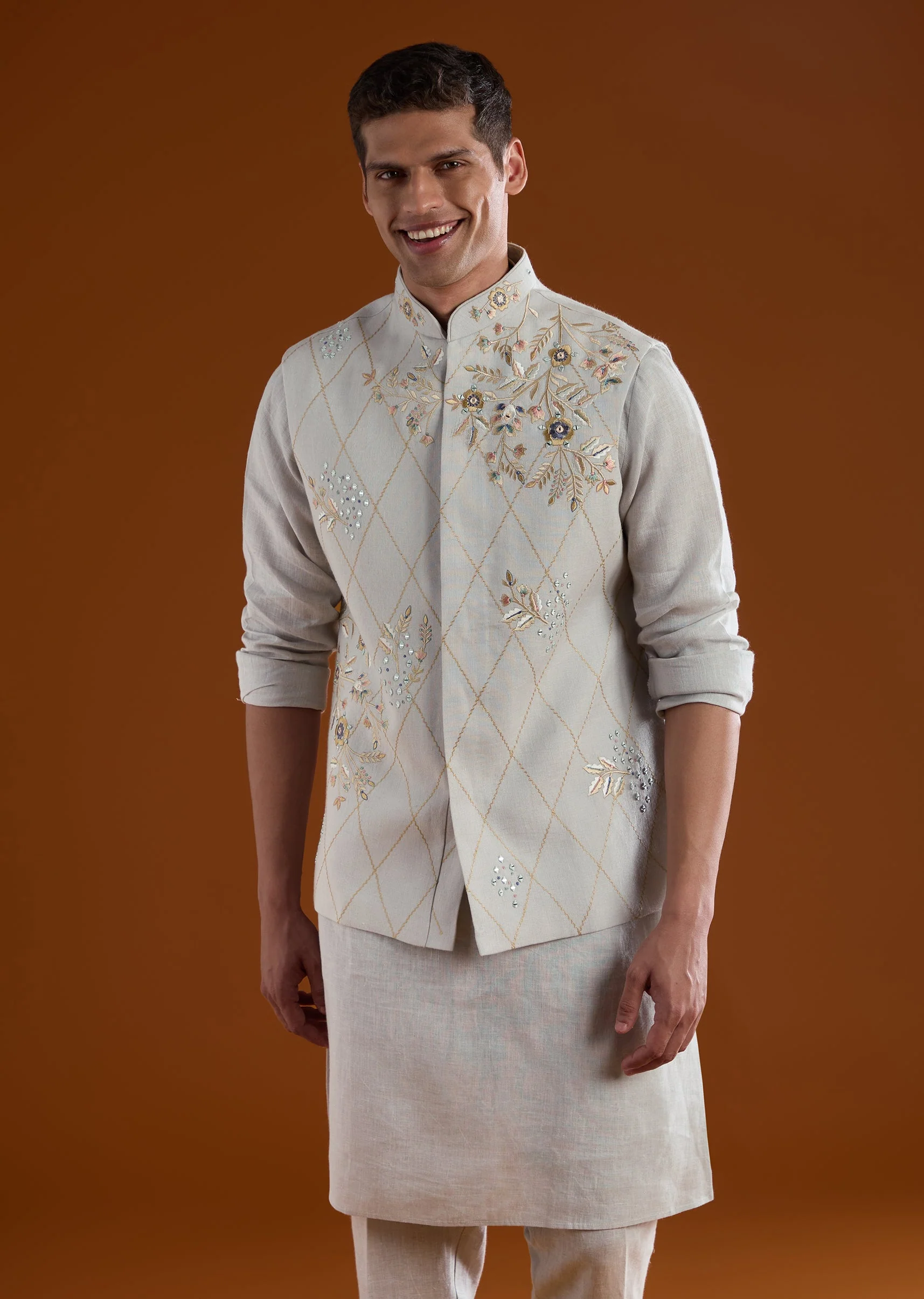 Blue Silk Kurta Jacket Set With Thread And Mirror Work - Image 4