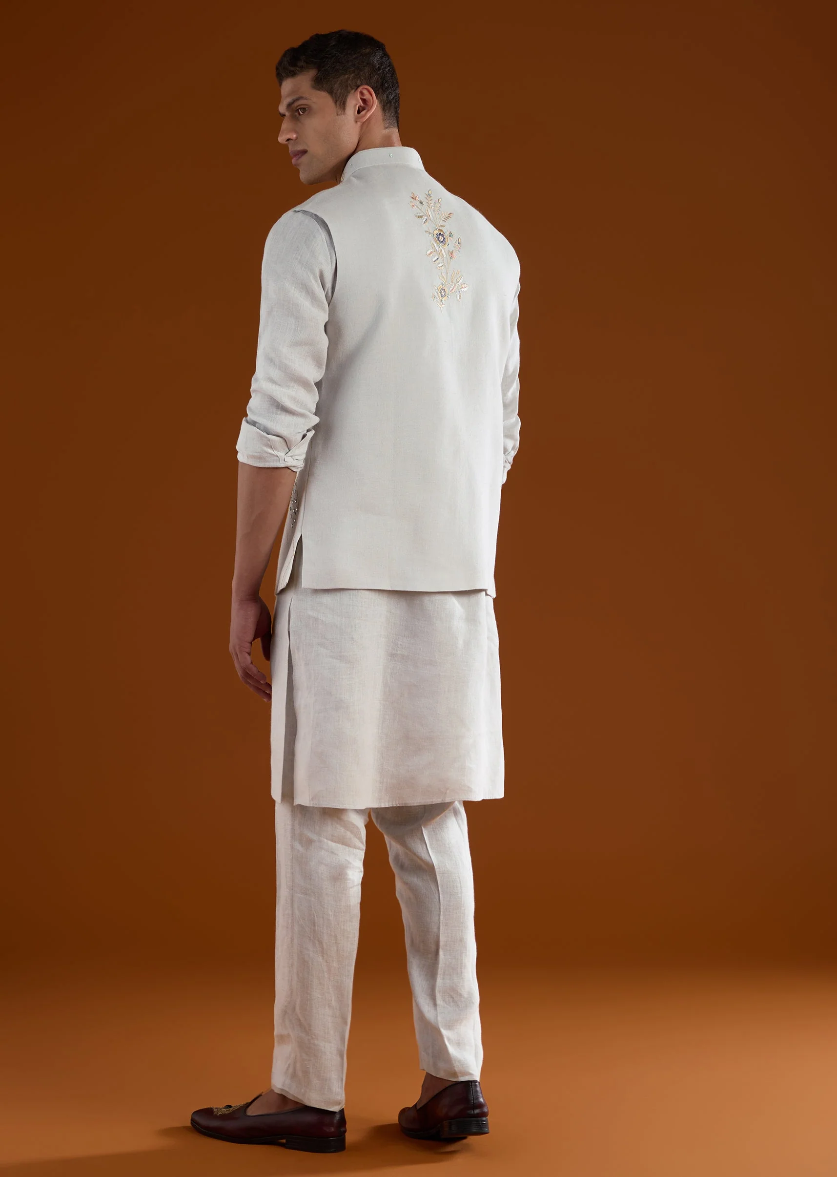 Blue Silk Kurta Jacket Set With Thread And Mirror Work - Image 5