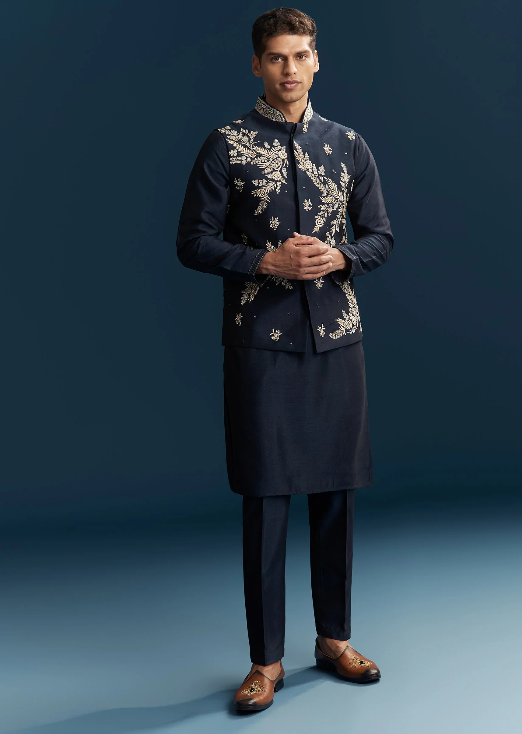 Blue Silk Kurta Jacket Set With Thread Mirror And Sequin Bead Work