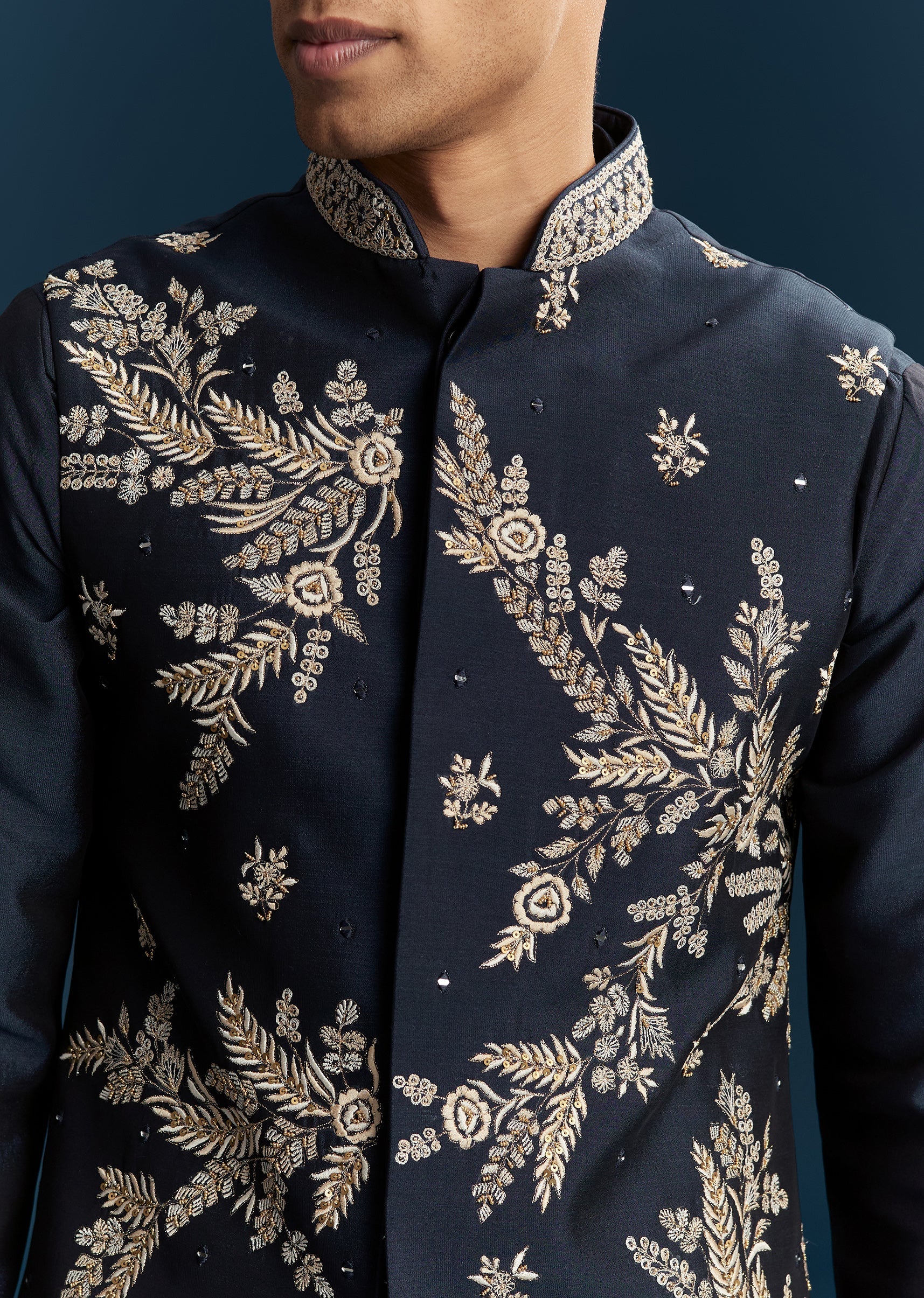 Blue Silk Kurta Jacket Set With Thread Mirror And Sequin Bead Work - Image 2