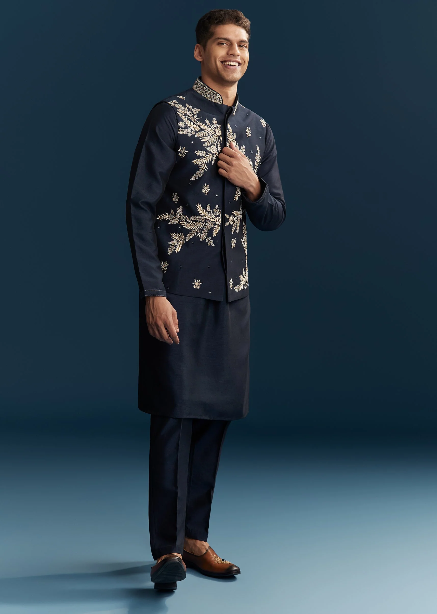 Blue Silk Kurta Jacket Set With Thread Mirror And Sequin Bead Work - Image 3