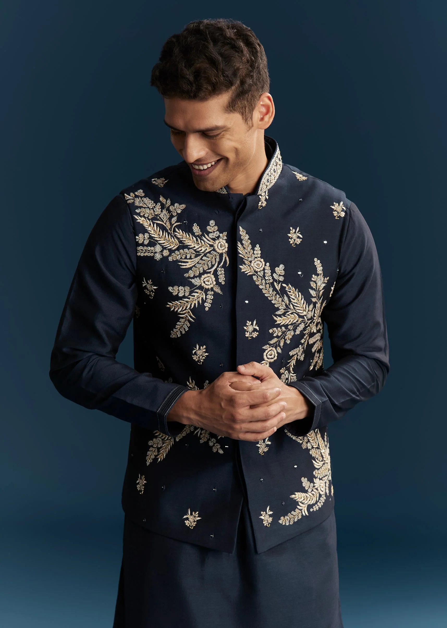 Blue Silk Kurta Jacket Set With Thread Mirror And Sequin Bead Work - Image 4