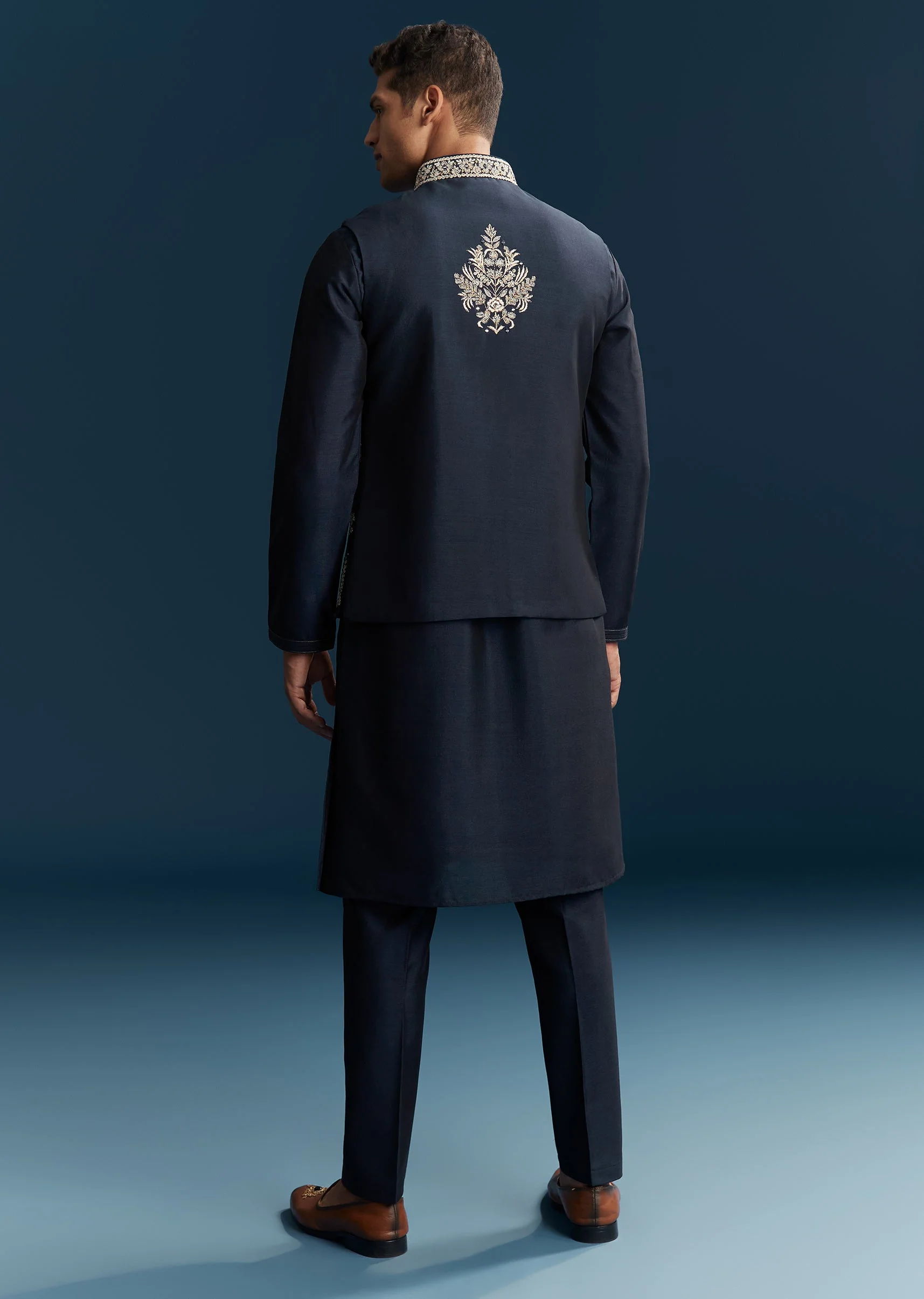 Blue Silk Kurta Jacket Set With Thread Mirror And Sequin Bead Work - Image 5
