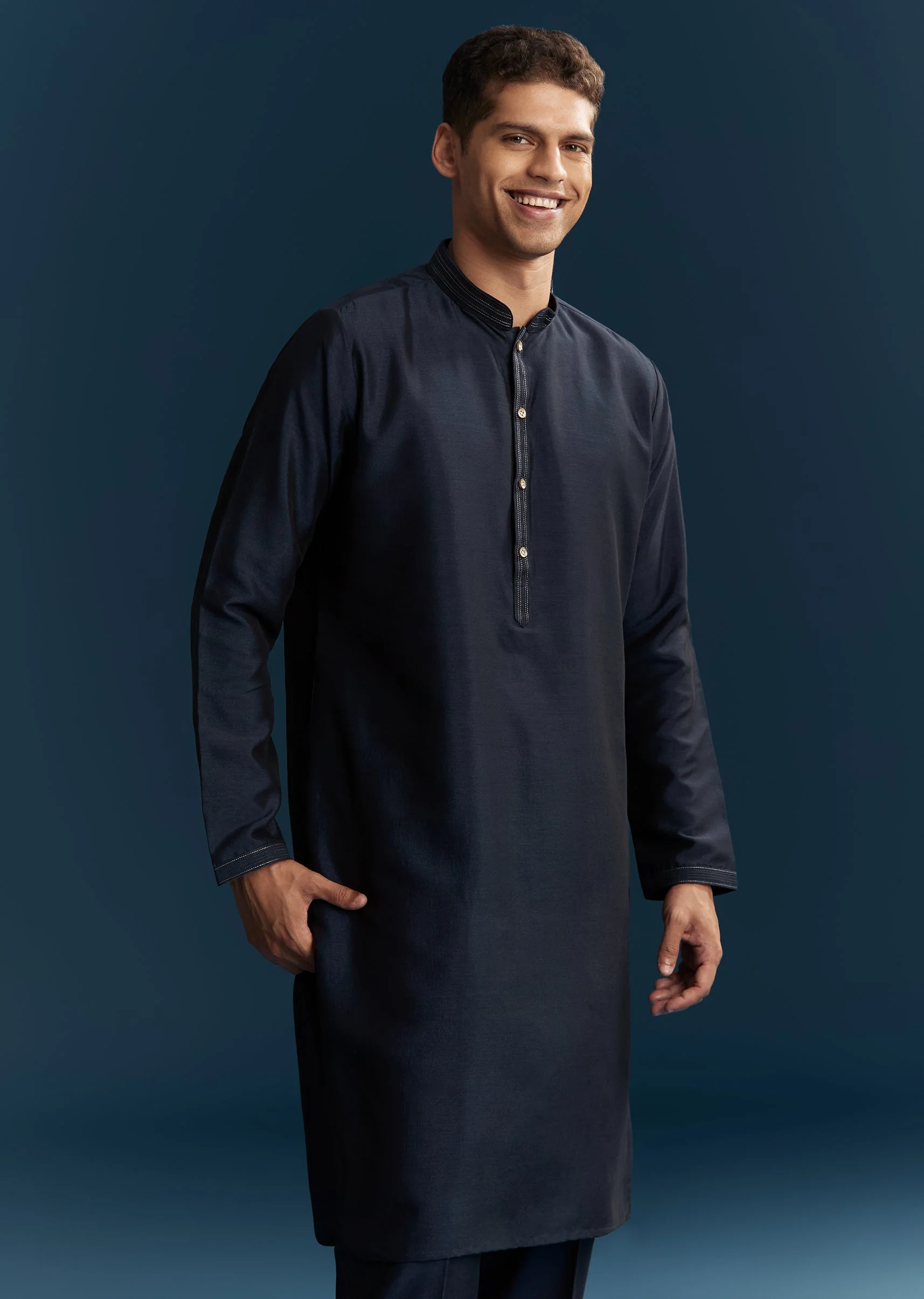Blue Silk Kurta Jacket Set With Thread Mirror And Sequin Bead Work - Image 6