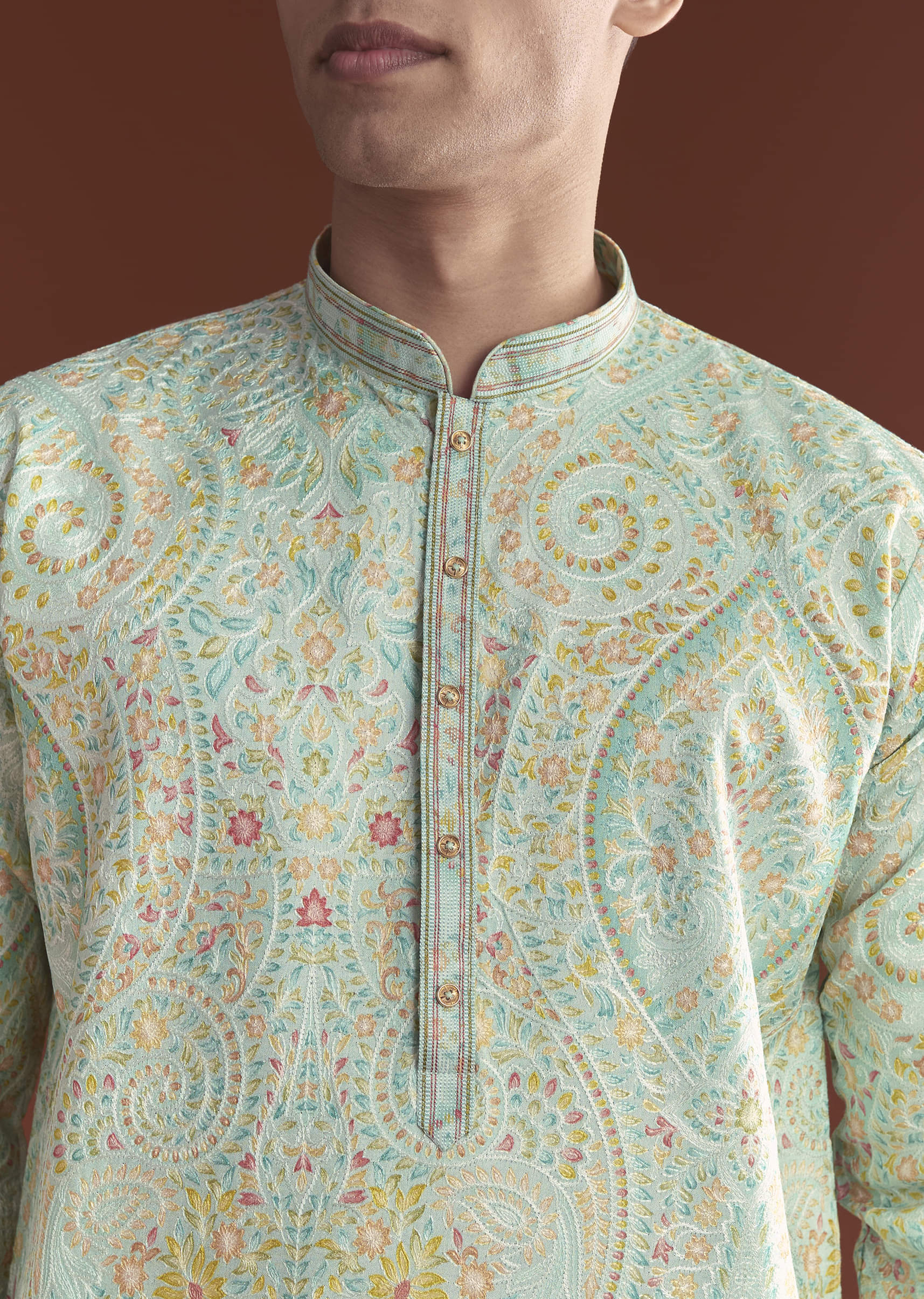 Blue Silk Kurta Set For Men With Ethnic Thread Work - Image 2