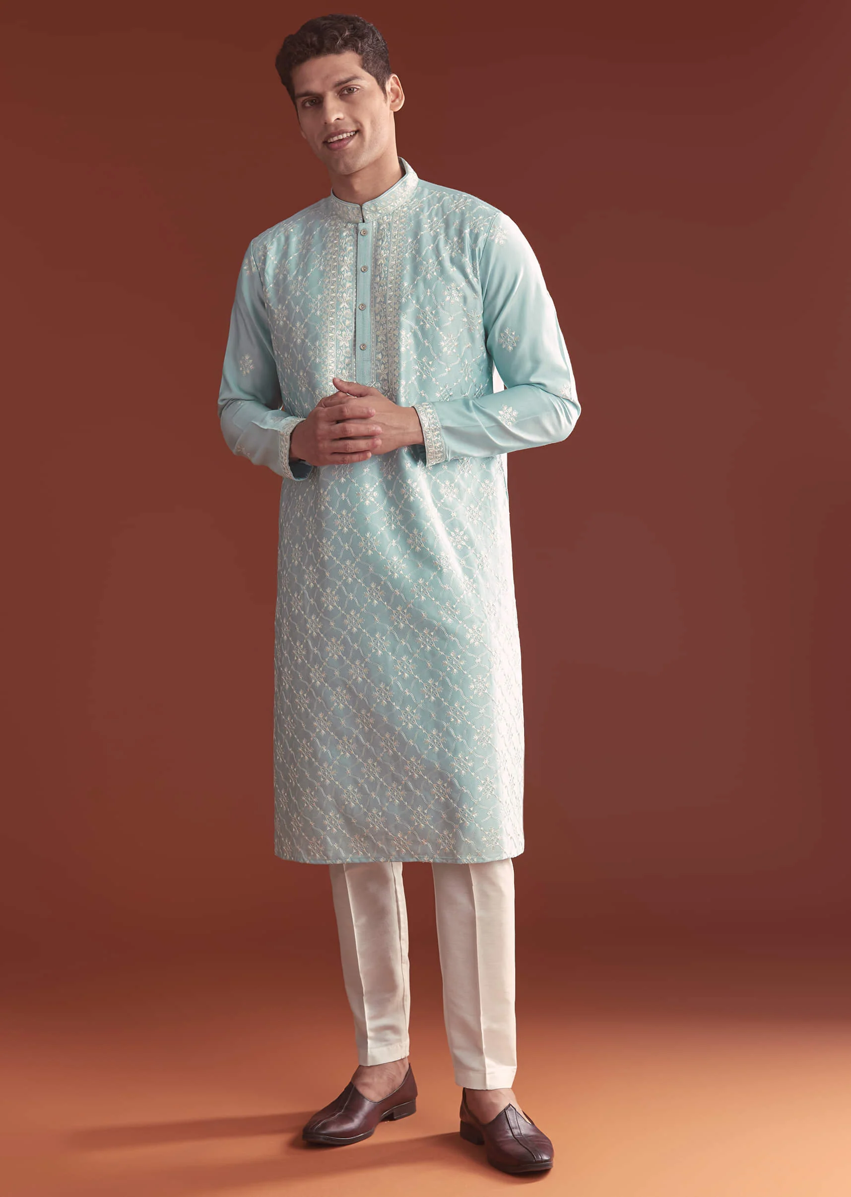 Blue Silk Kurta Set For Men With Fine Resham Embroidery - Image 3
