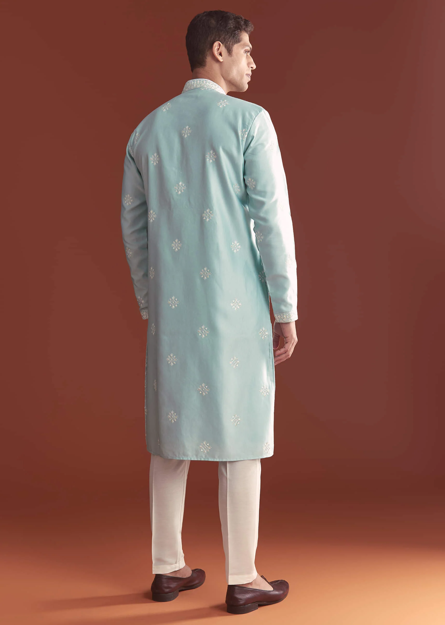 Blue Silk Kurta Set For Men With Fine Resham Embroidery - Image 5