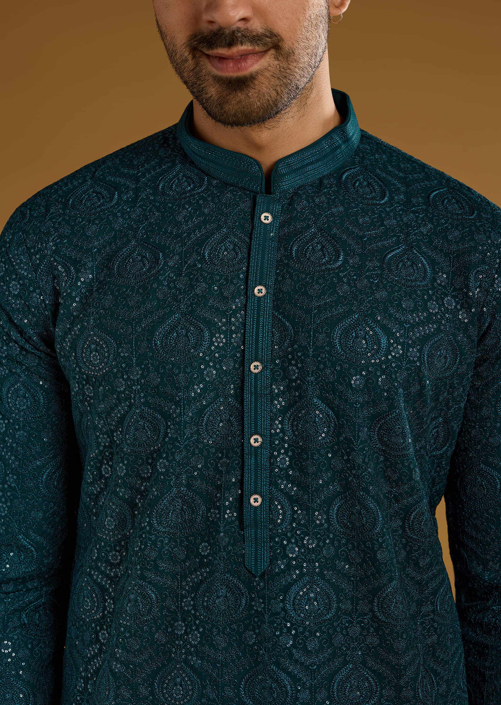 Blue Silk Kurta Set For Men With Heavy Hand Embroidery - Image 2