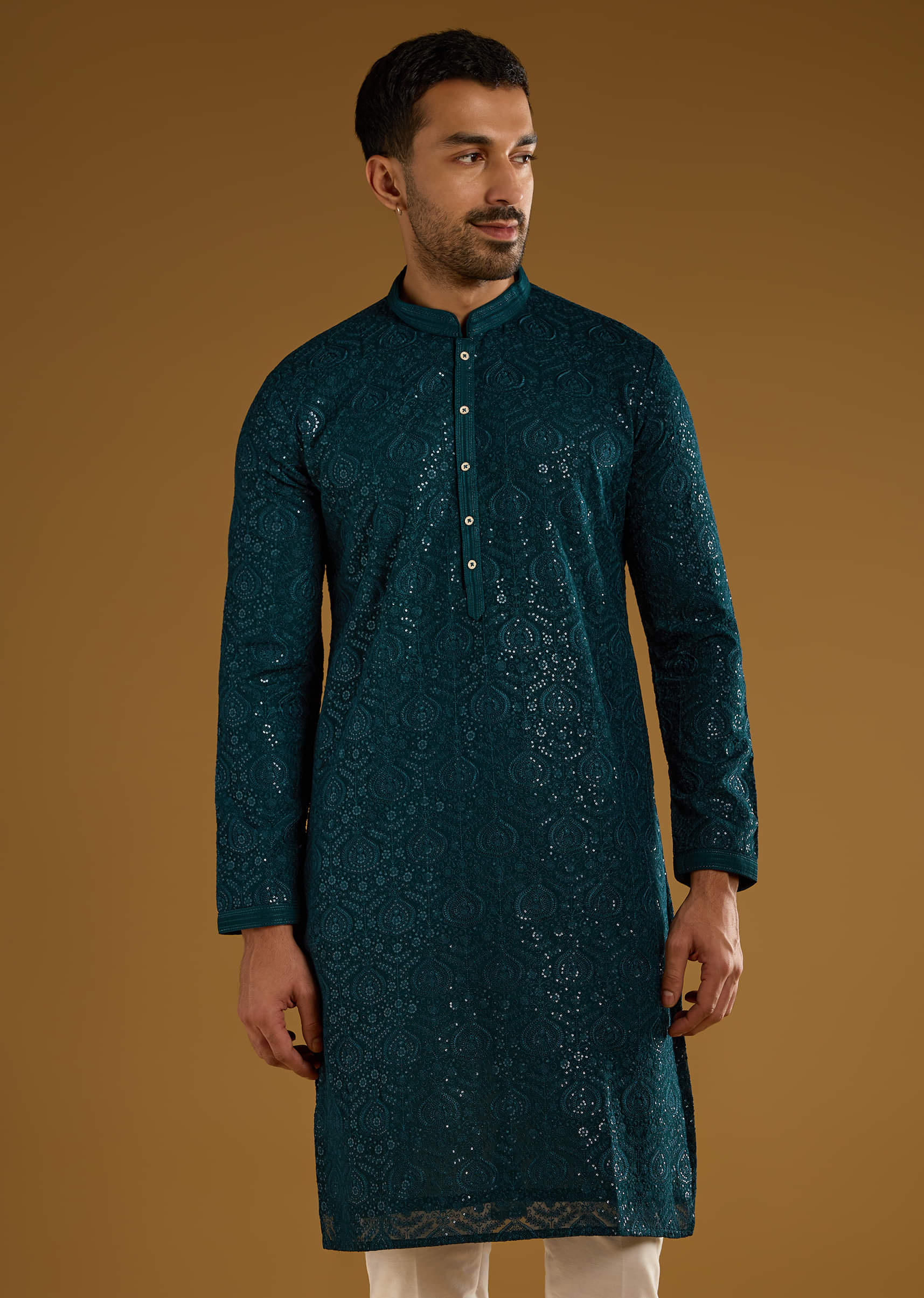 Blue Silk Kurta Set For Men With Heavy Hand Embroidery - Image 3