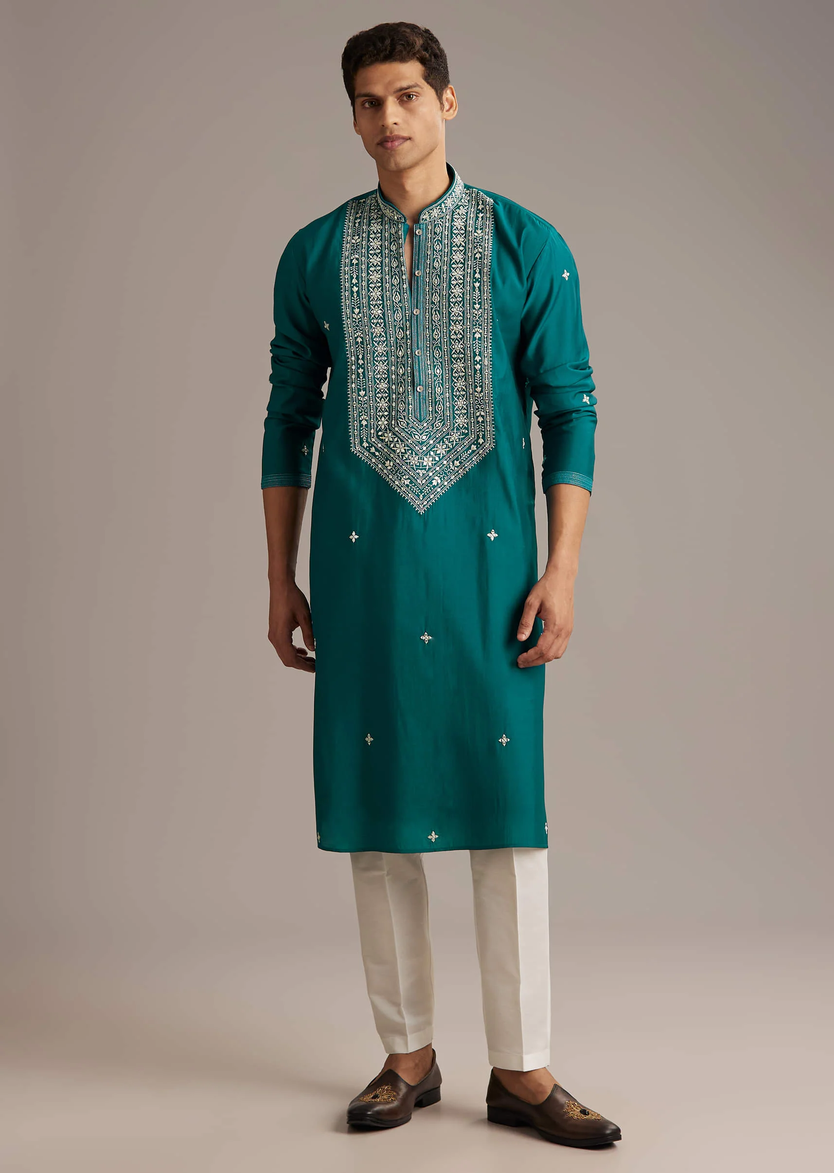 Blue Silk Kurta Set For Men With Mirror And Thread Work - Image 4