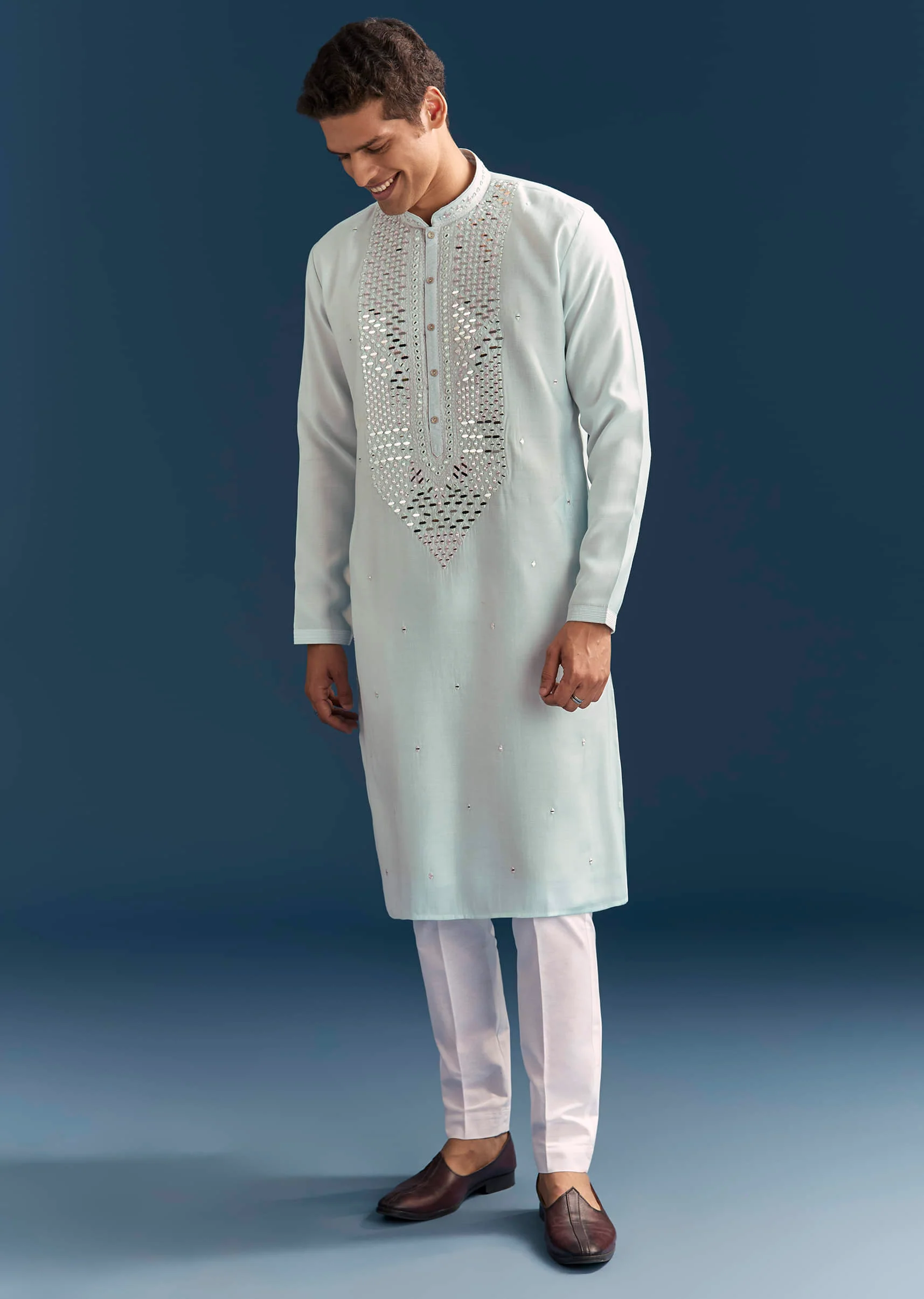 Blue Silk Kurta Set For Men With Mirror Embroidery