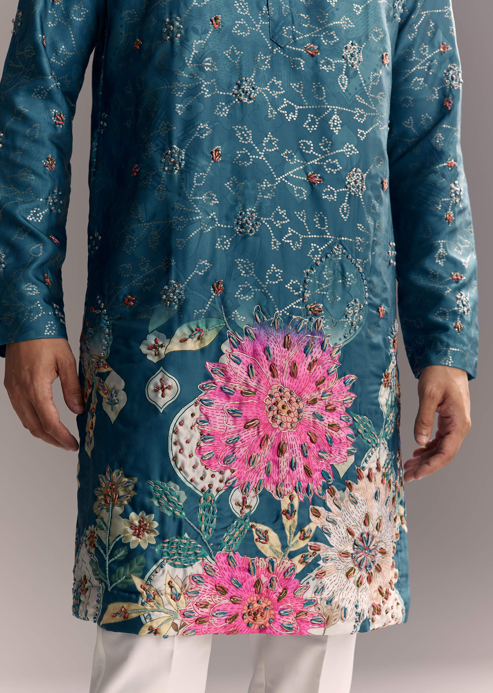 Blue Silk Kurta Set For Men With Resham Embroidery - Image 5
