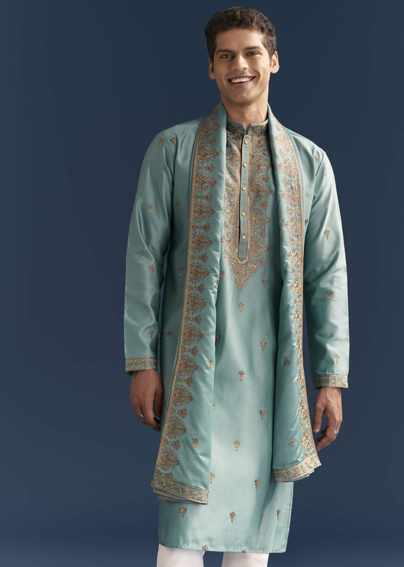 Blue Silk Kurta Set For Men With Thread Embroidery - Image 4