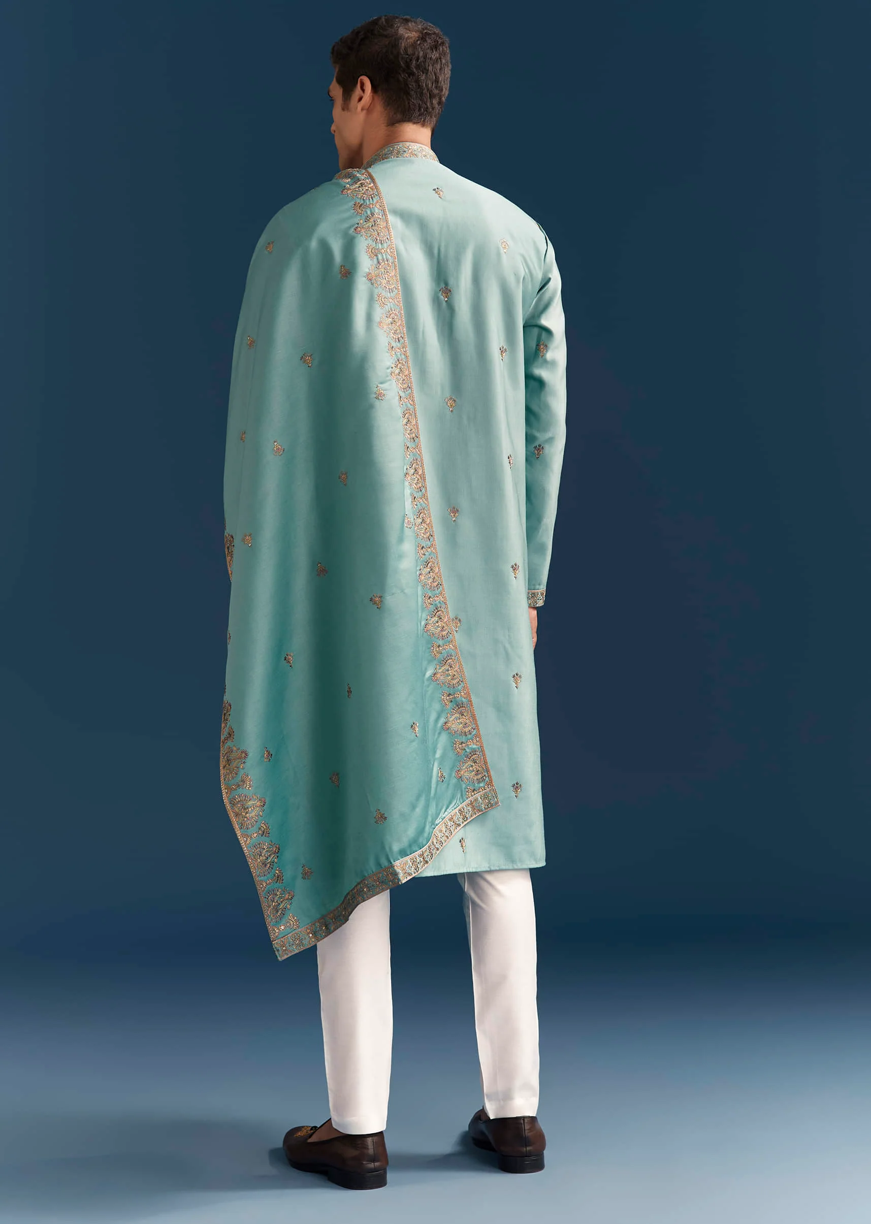 Blue Silk Kurta Set For Men With Thread Embroidery - Image 5