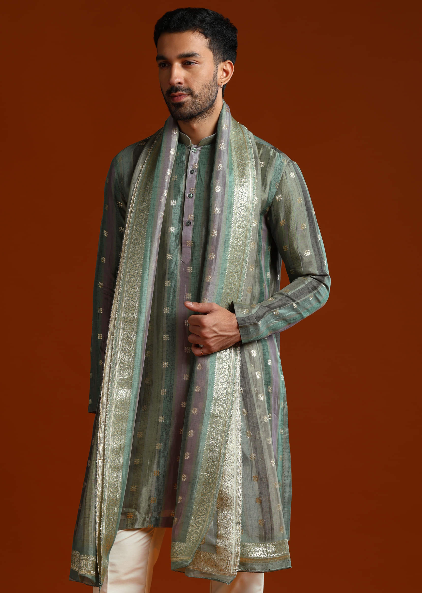 Blue Silk Kurta Set For Men With Zari Work - Image 2